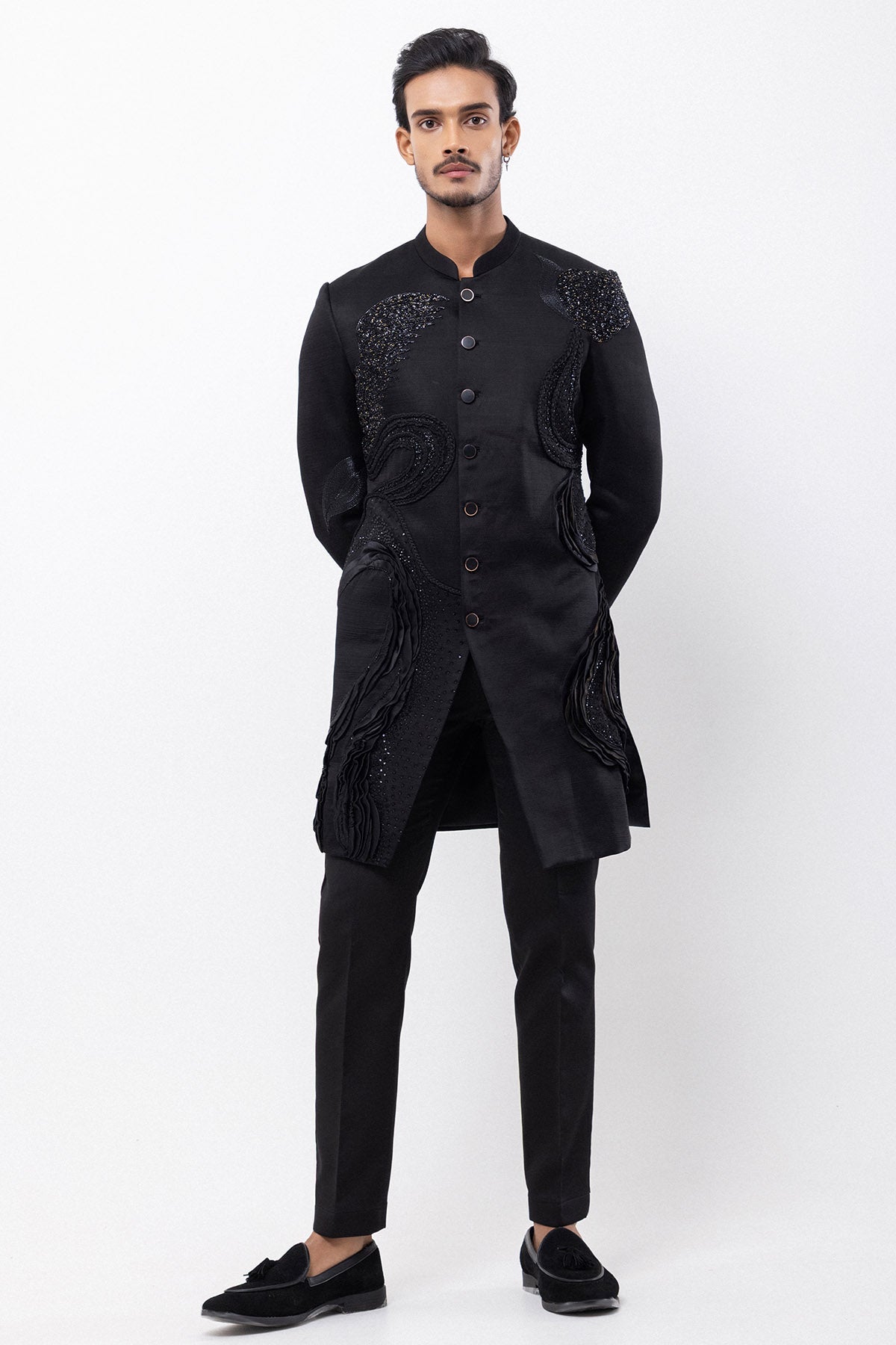 Buy Black Linen Satin Sequin Jacket for men by Paarsh Atelier online available at scrollnshops