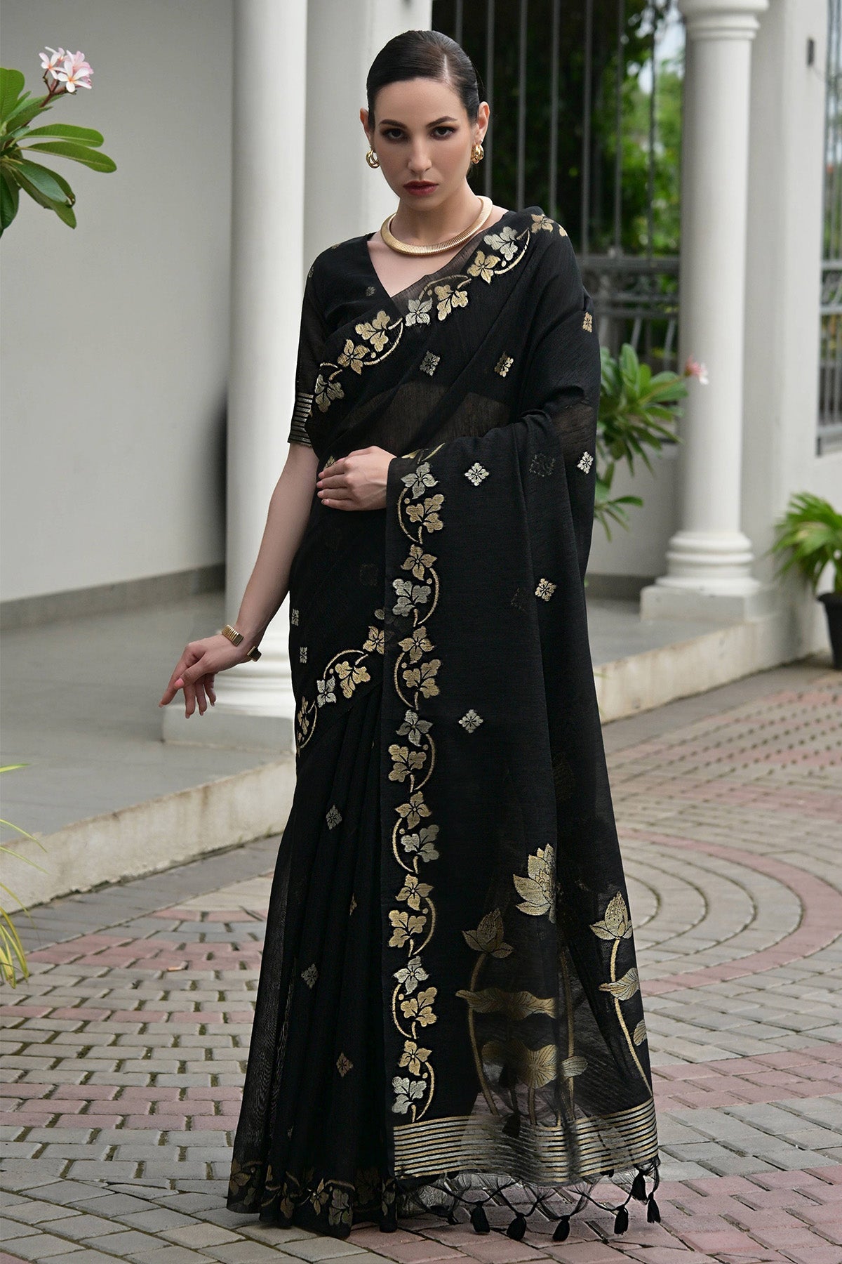 Buy Black Linen Silk Woven Saree for women by Lili Lala Designer online available at scrollnshops