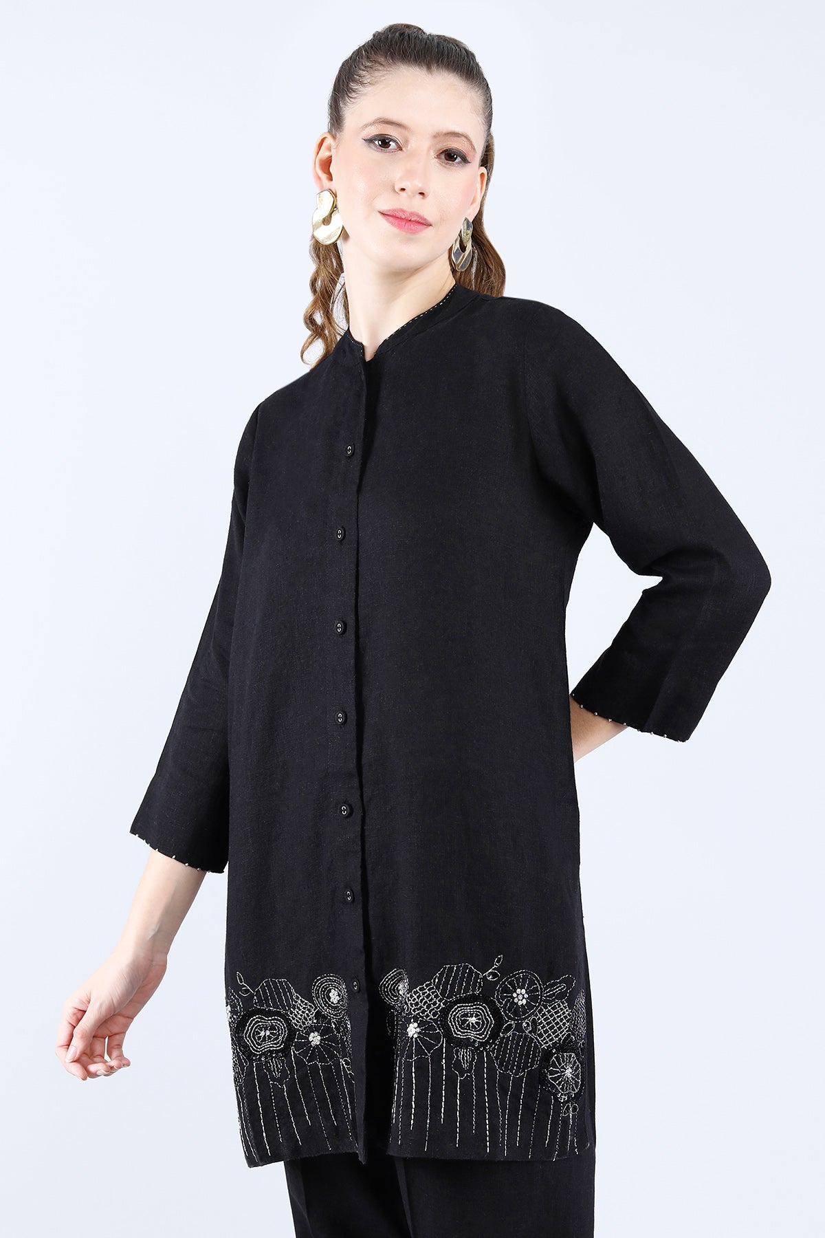 Black Linen Tunic Set with Tube light Embroidery Work