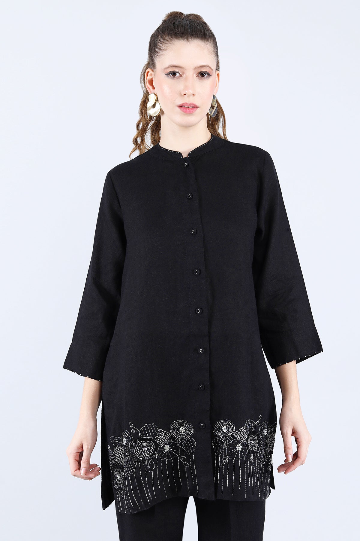 Black Linen Tunic Set with Tube light Embroidery Work