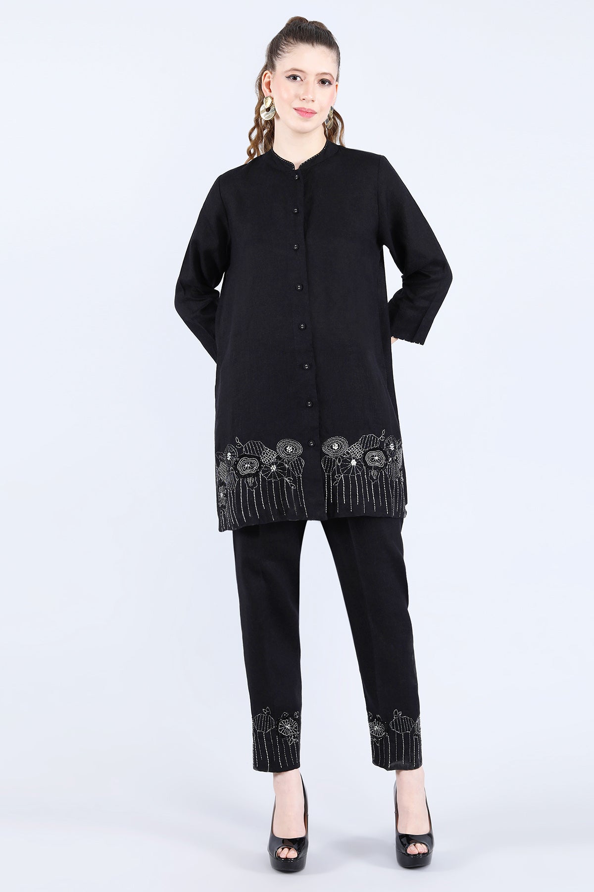 Black Linen Tunic Set with Tube light Embroidery Work