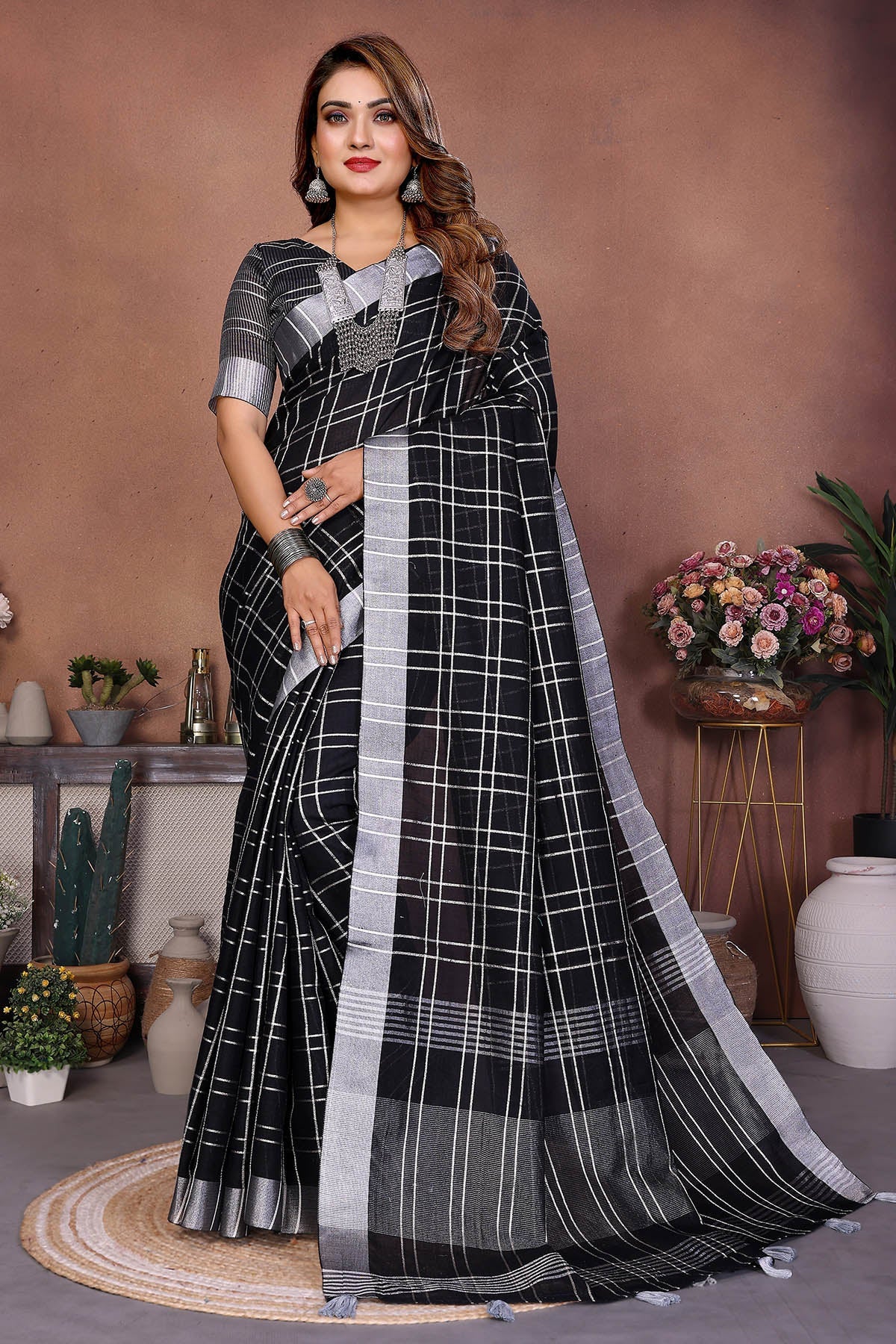 Buy Black Linen Weaving Fancy Saree for women by Aastha Fashion online available at scrollnshops