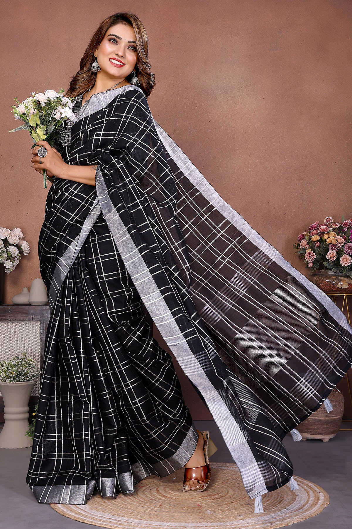 Black Linen Weaving Fancy Saree