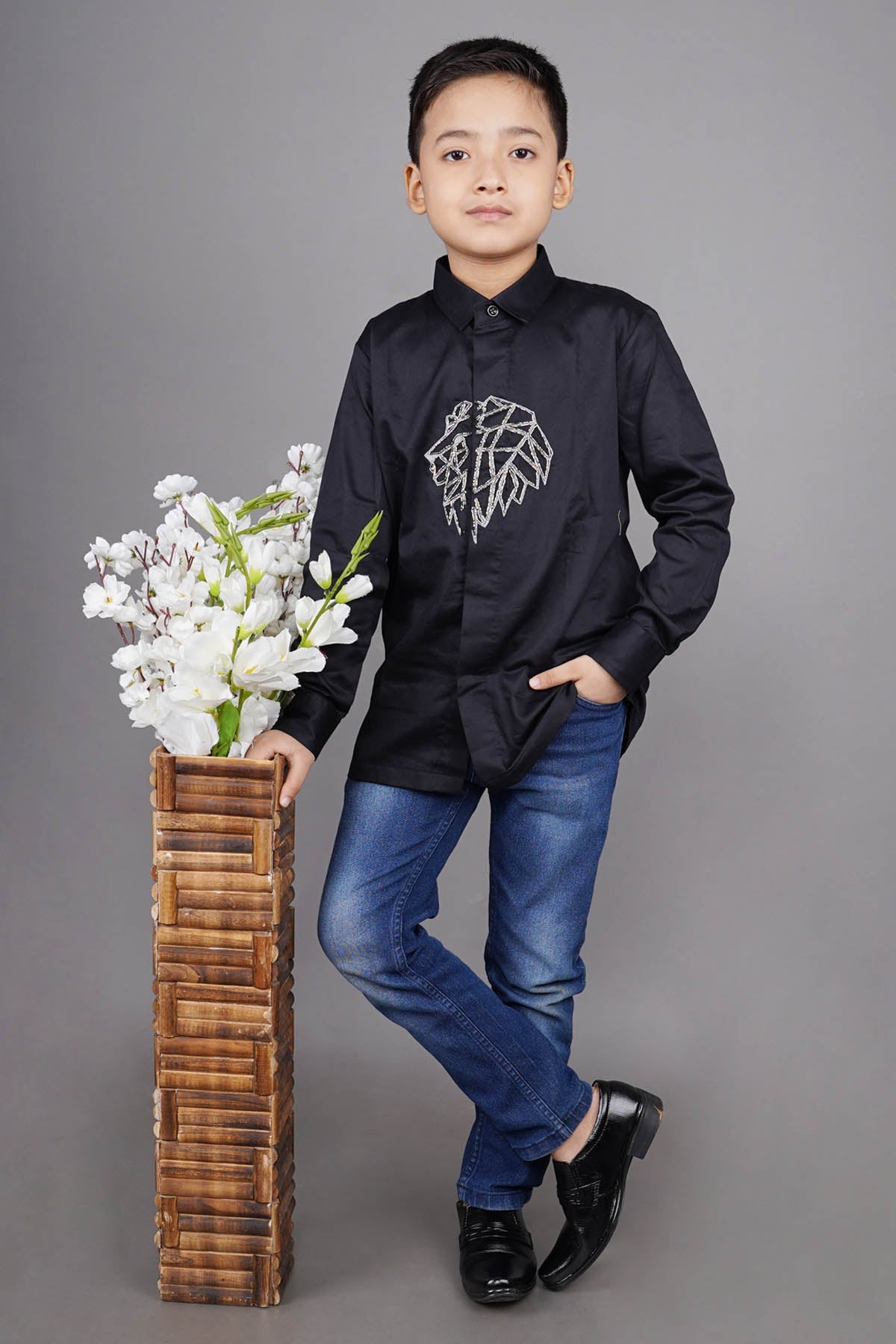 Little Brats Black Lion Embroidered Shirt for boy online at ScrollnShops