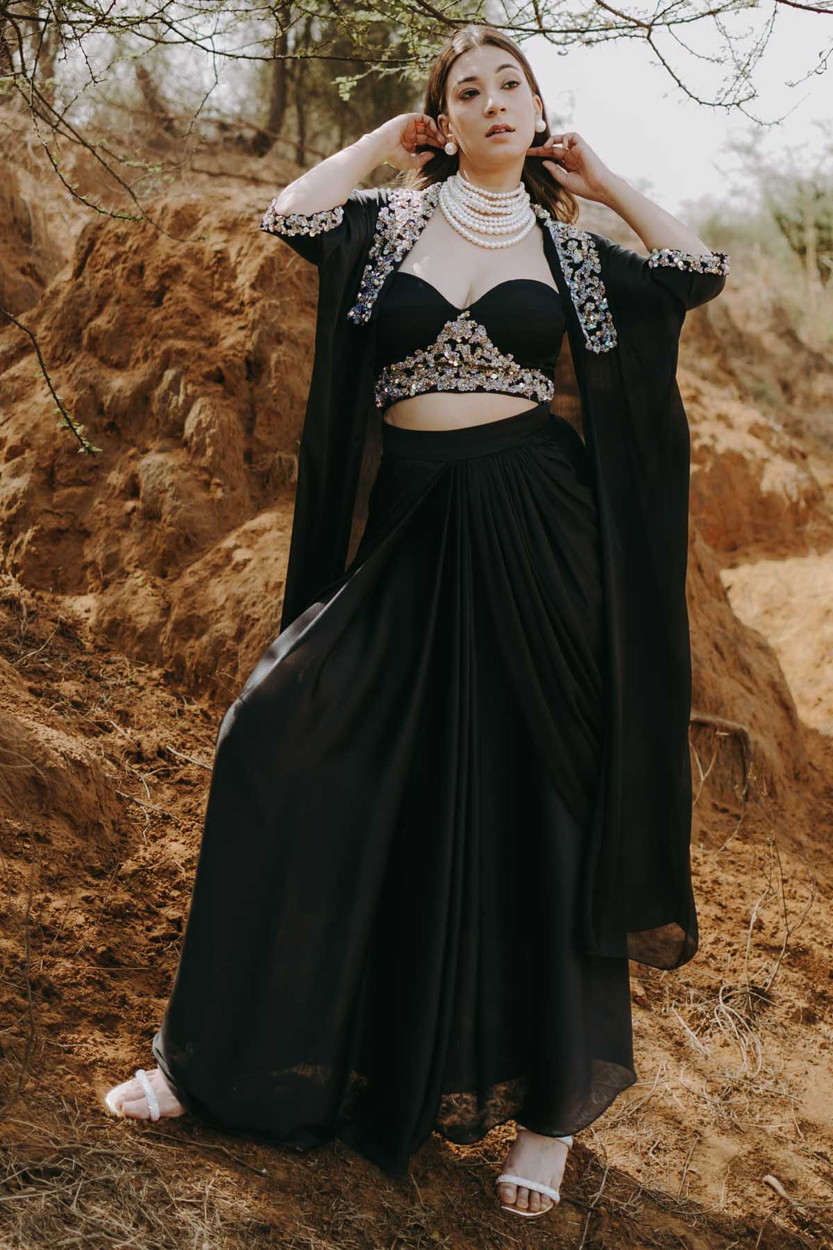 Black Long Jacket & Skirt Set