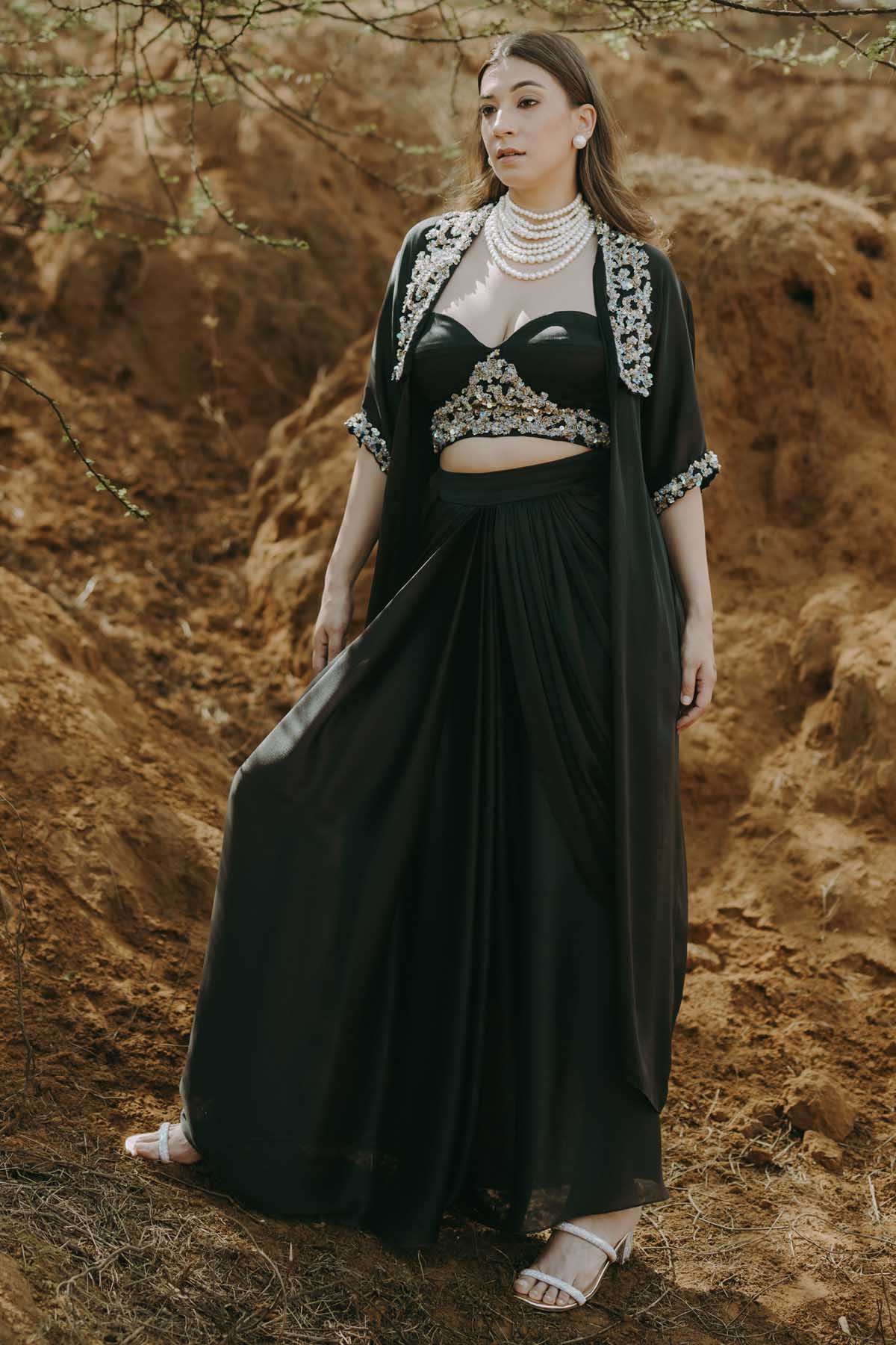 Buy Designer Black Long Jacket & Skirt Set Online