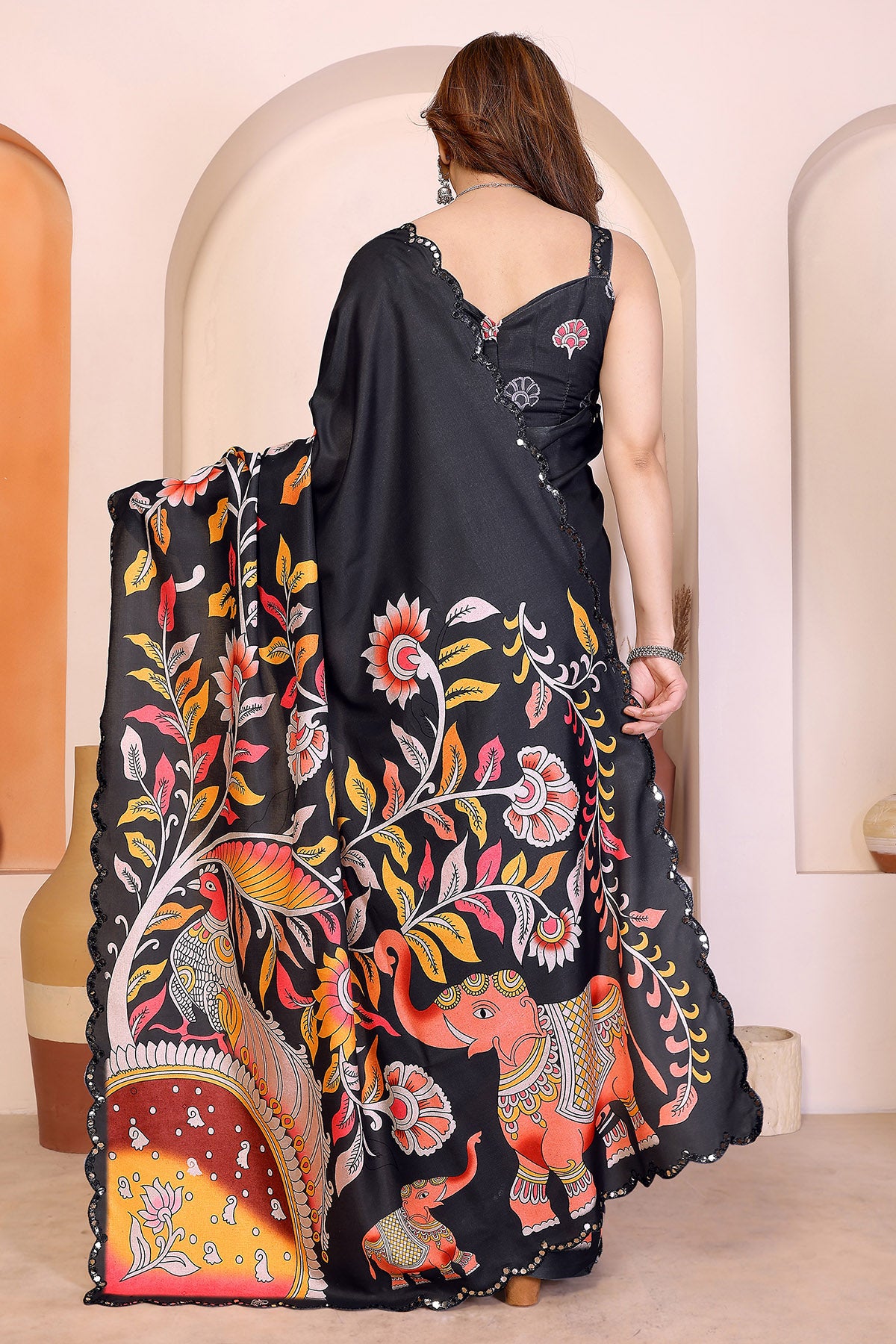 Black Manipuri Kalamkari Saree