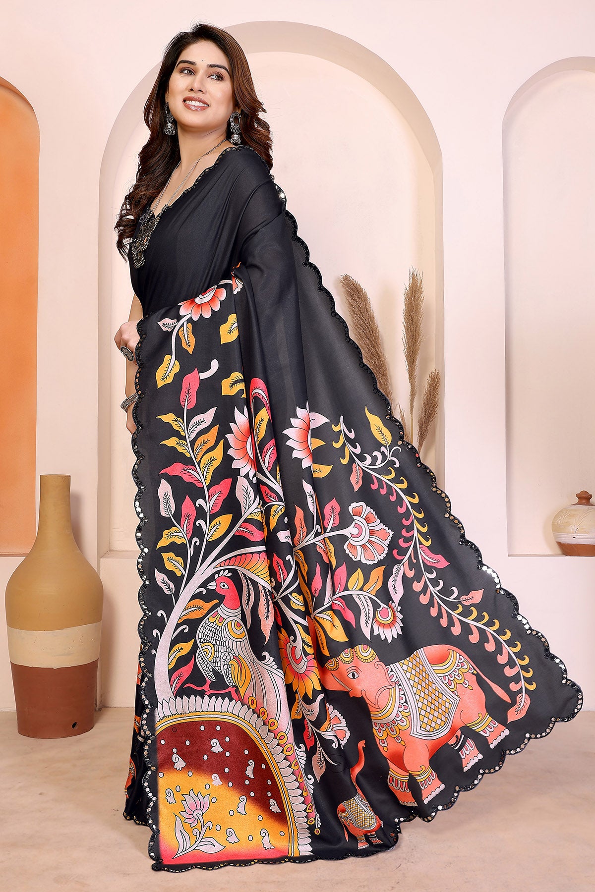 Black Manipuri Kalamkari Saree