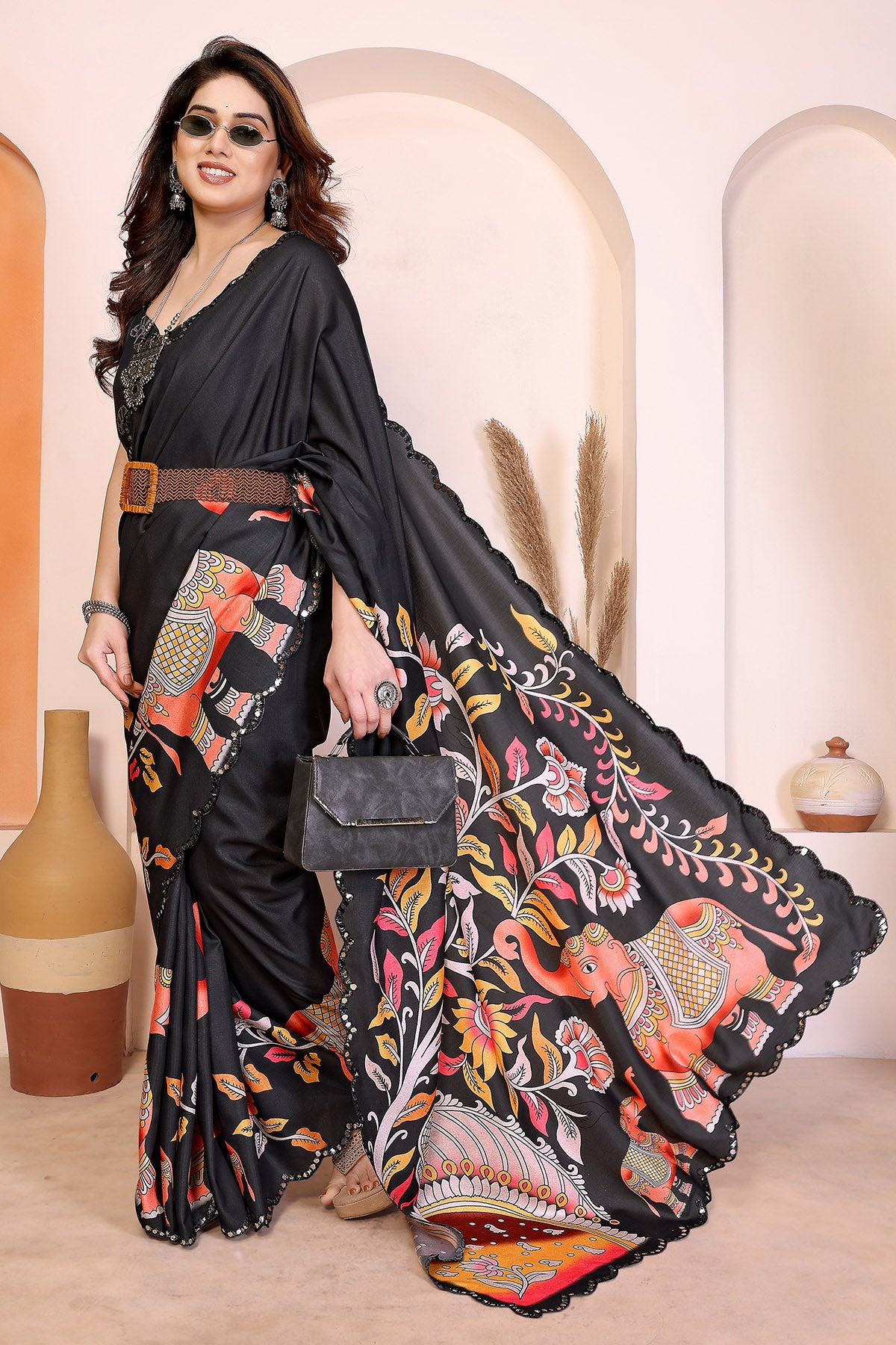 Black Manipuri Kalamkari Saree