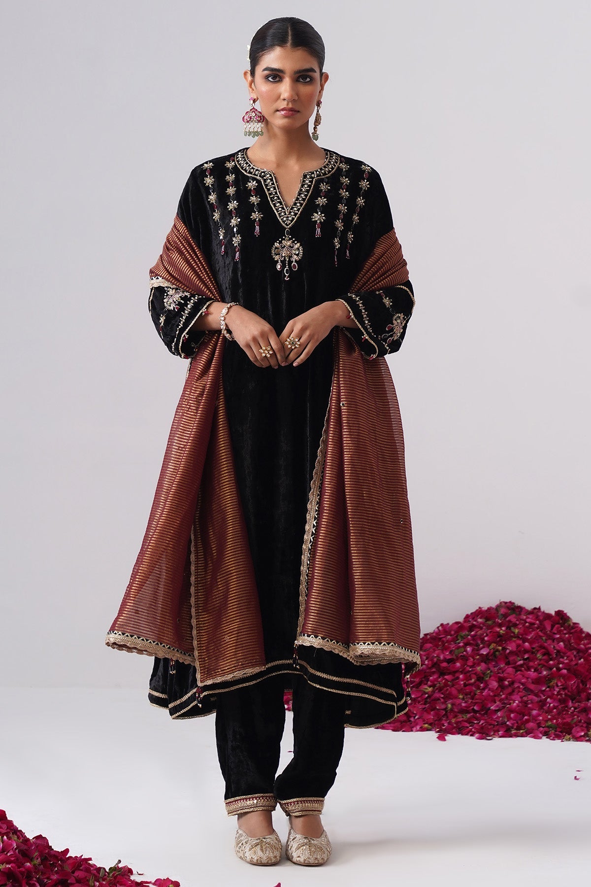 Buy Black & Maroon Velvet Kurta Set for women by Ugna by Unnati online available at scrollnshops