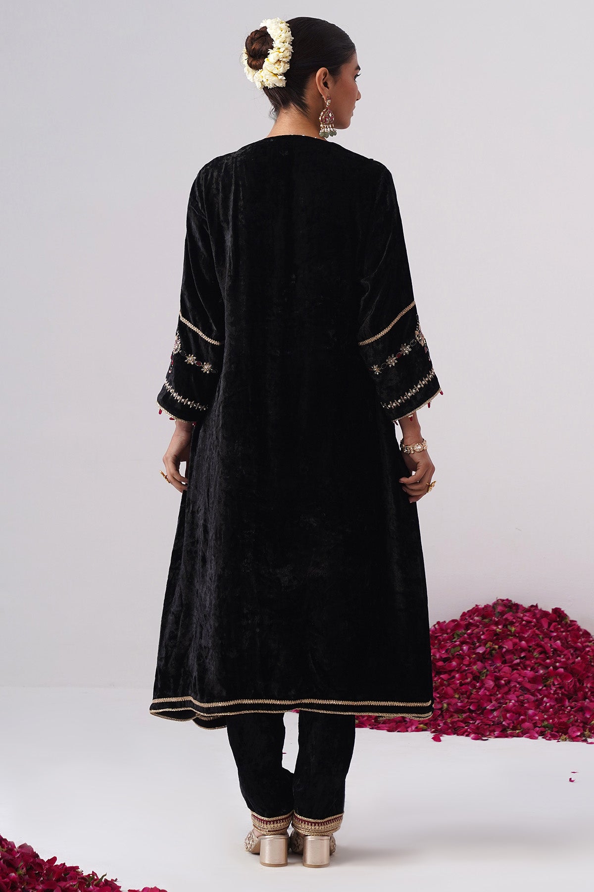 Black & Maroon Velvet Kurta Set