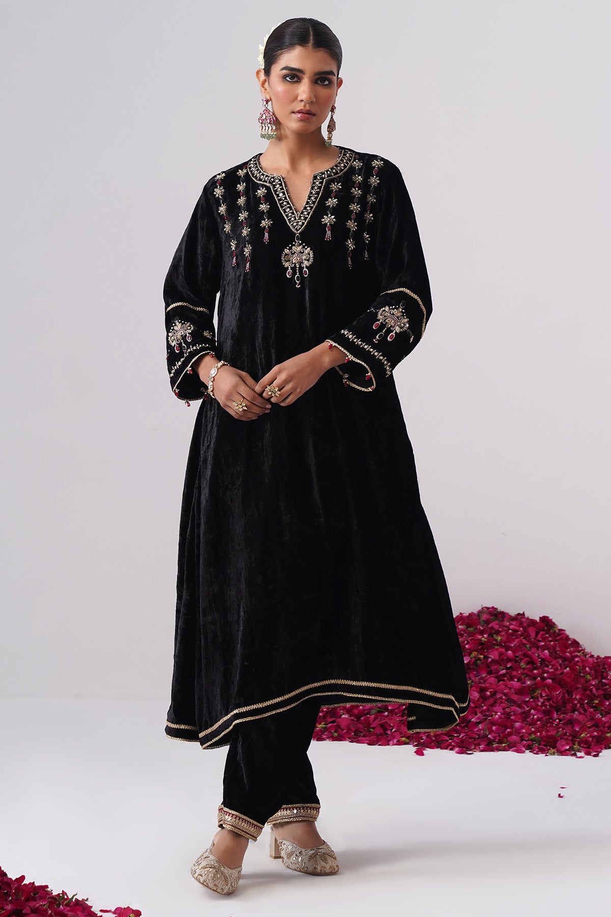 Black & Maroon Velvet Kurta Set