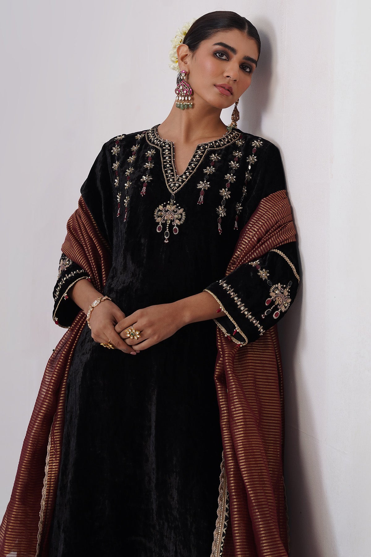 Black & Maroon Velvet Kurta Set