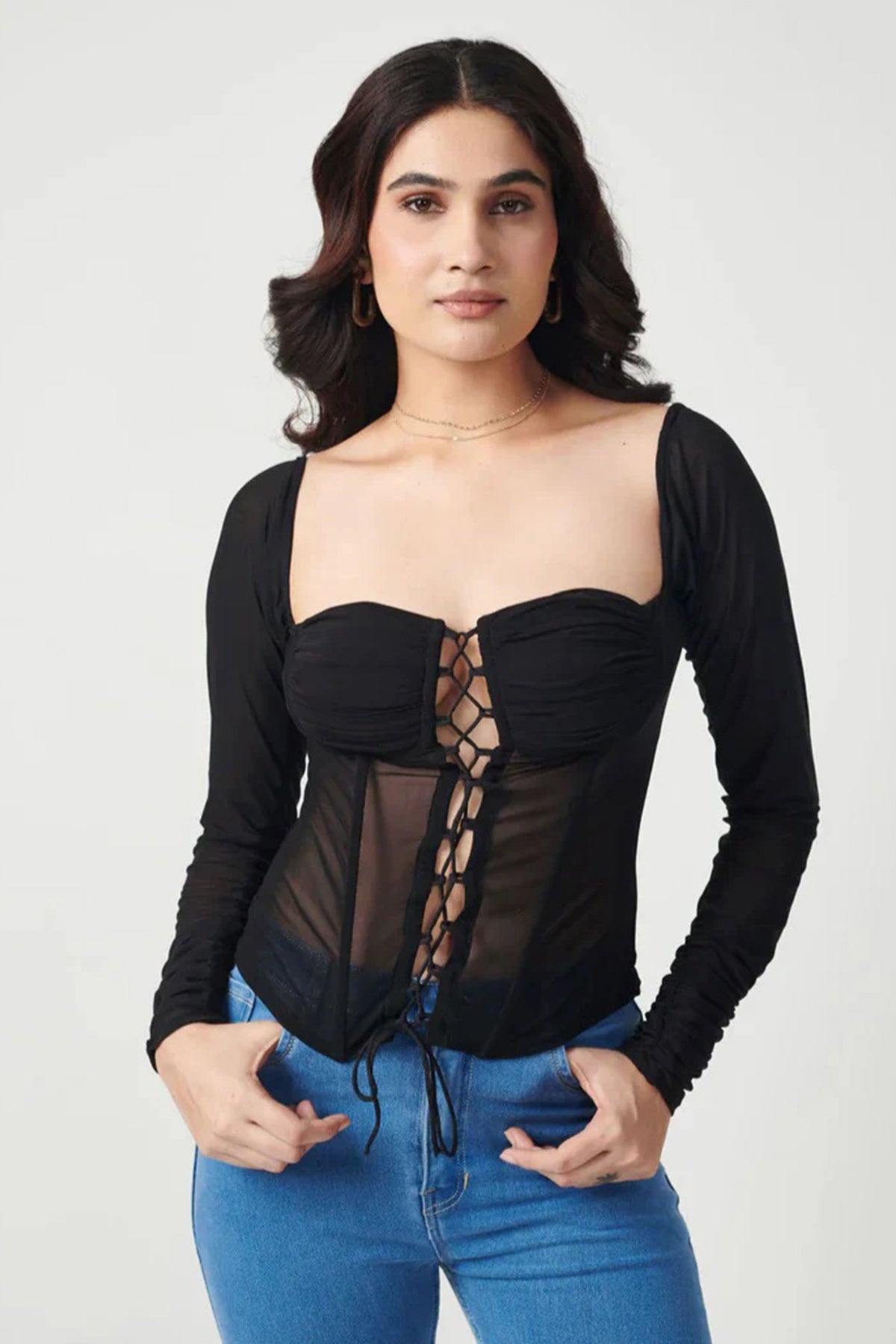 Buy Black Mesh Net Plunge Neck Top for women online available at ScrollnShops