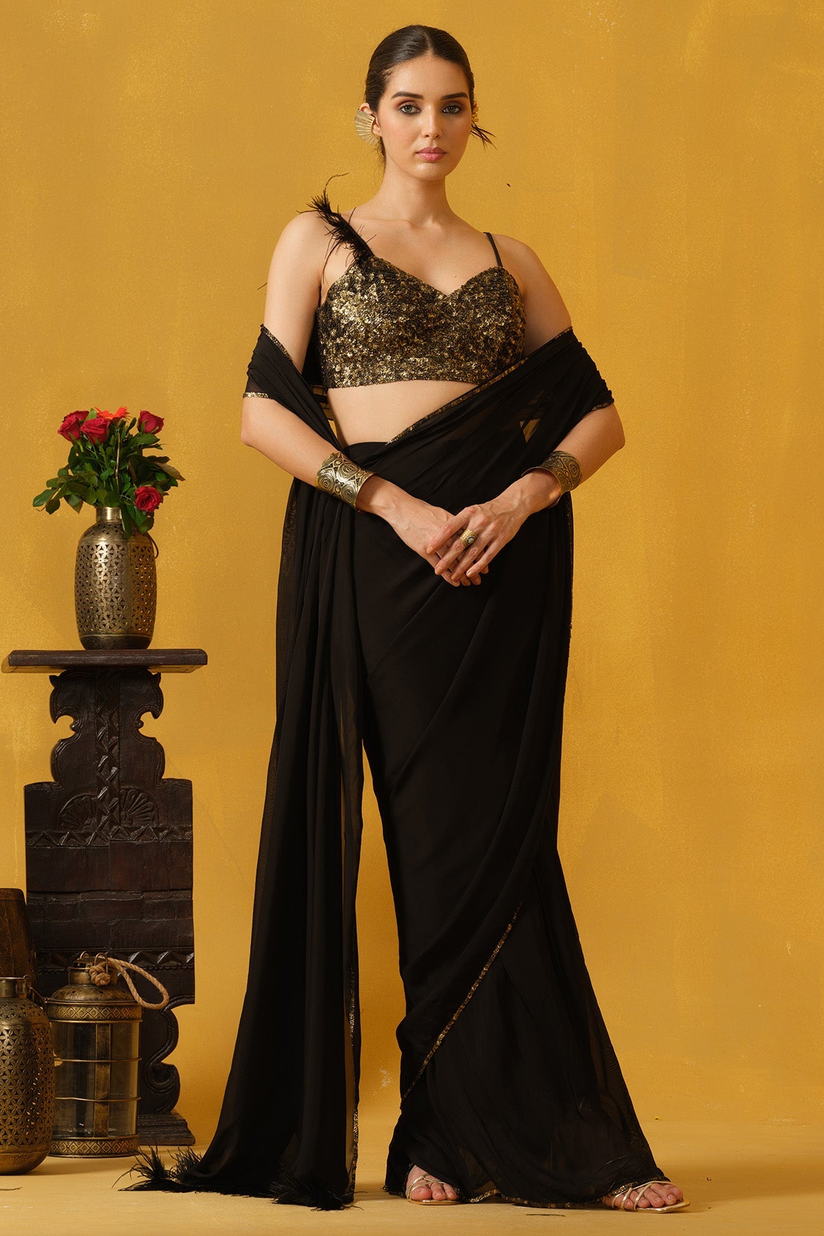 Buy Black Metallic Sequins Saree for women by Abstract By Megha Jain Madaan online available at scrollnshops