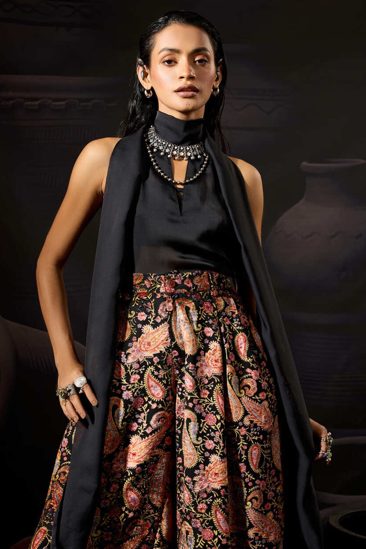 Buy Black Nylon Draped Scarf Top for women by ADK online available at scrollnshops