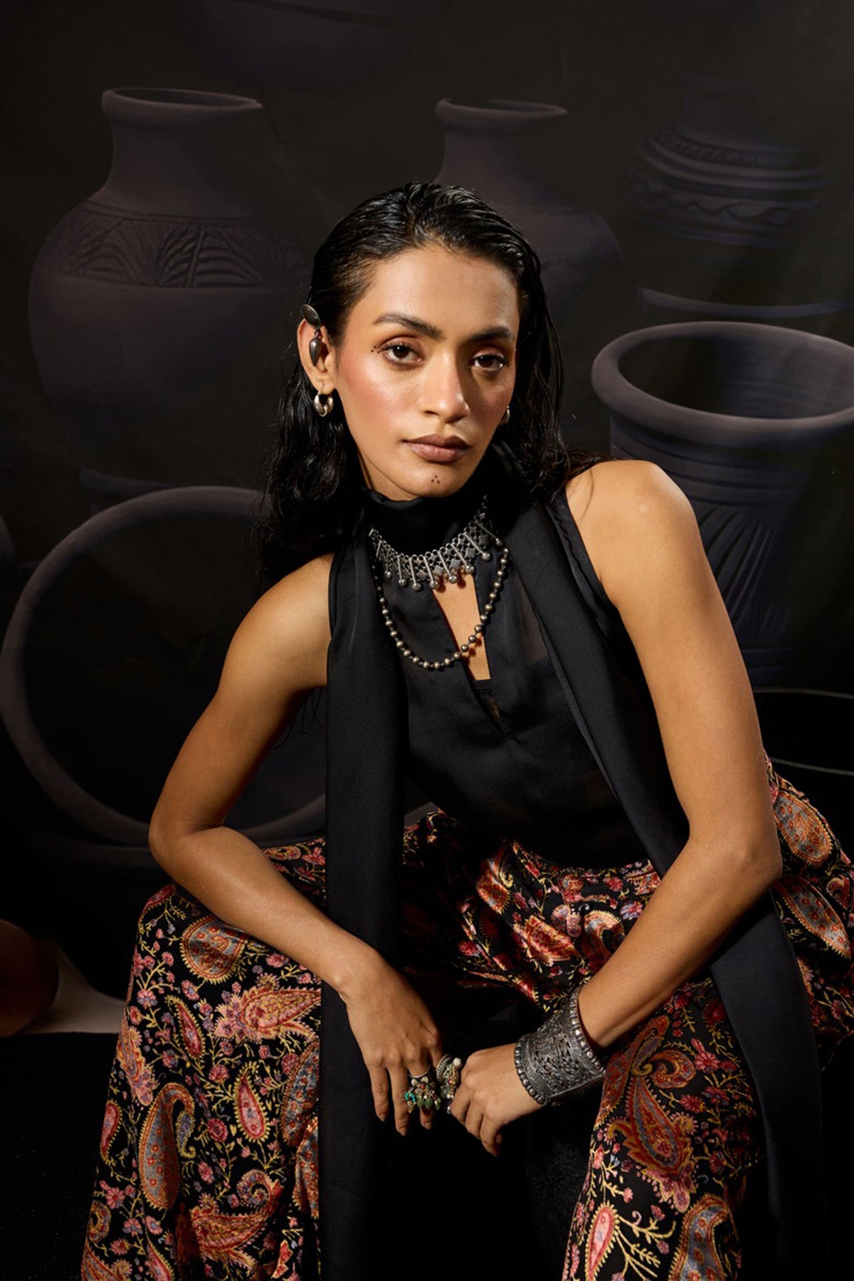 Black Nylon Draped Scarf Top