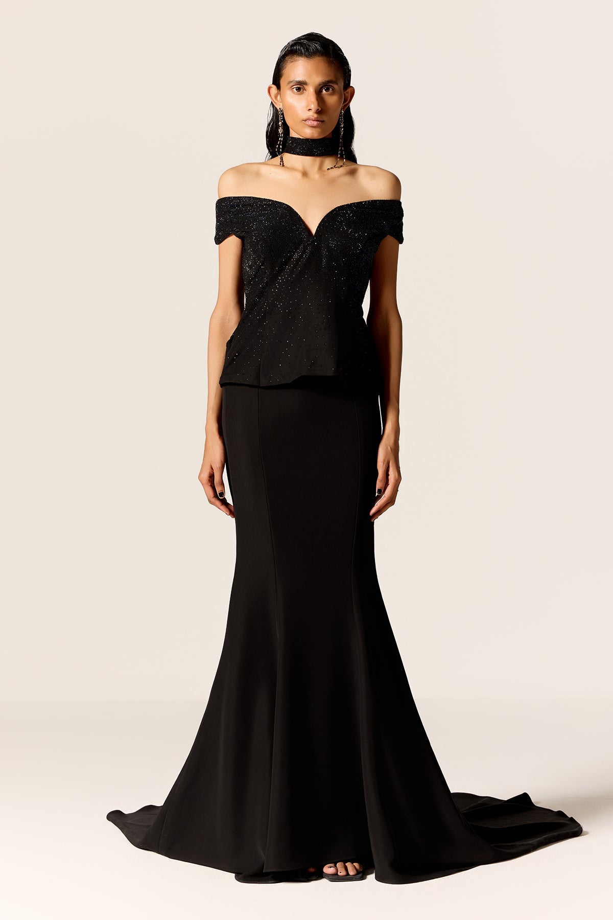 Buy Black Off-Shoulder Flared Gown by Manika Nanda for Women online at ScrollnShops