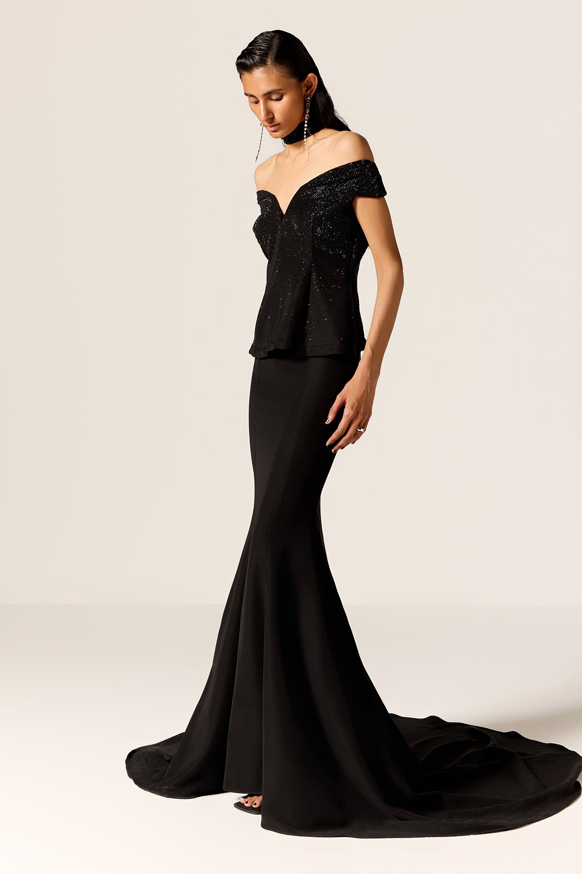 Black Off-Shoulder Flared Gown