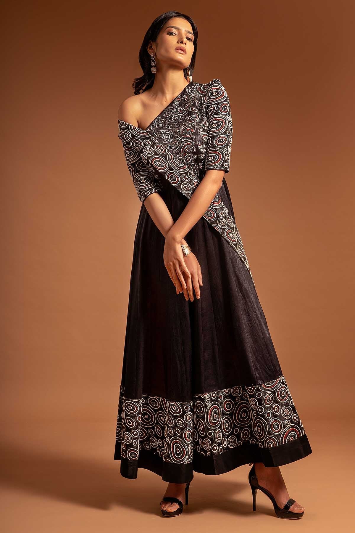 Buy Black One Shoulder Anarkali by Sejal Kamdar at ScrollnShops