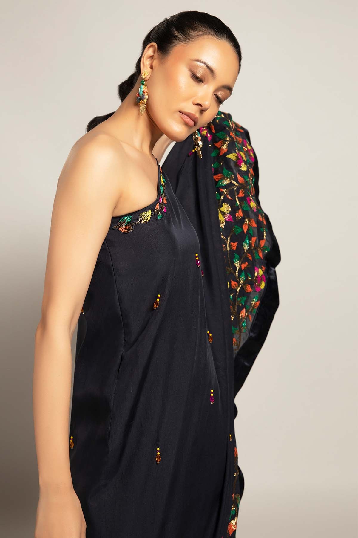 Black One Shoulder Cutdana Dress