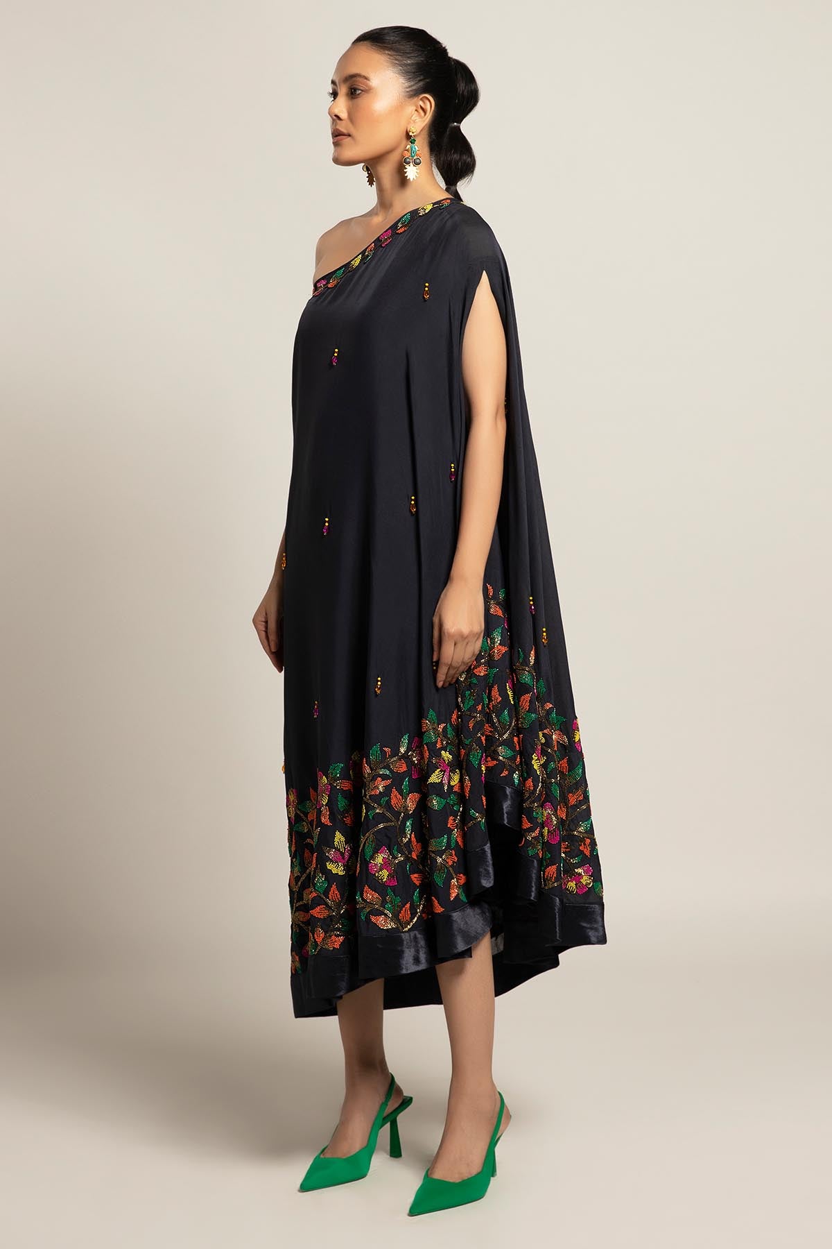 Black One Shoulder Cutdana Dress