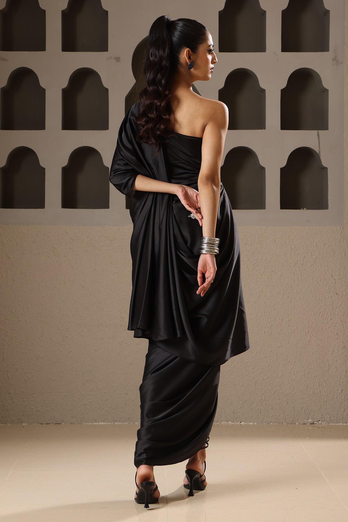 Black One Shoulder Drape Dress