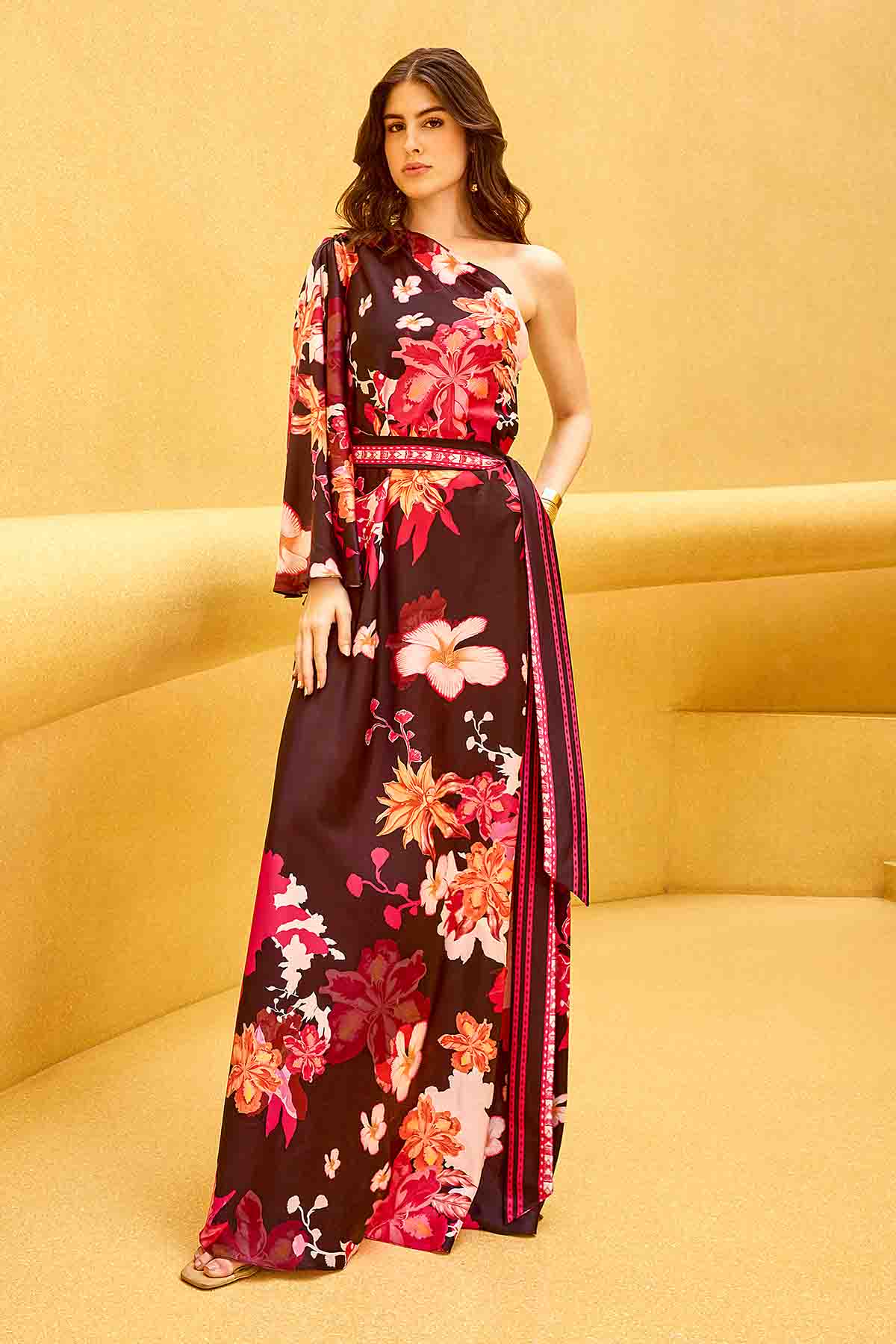 Buy Black One Shoulder Kaftan & Belt by Mandira Wirk