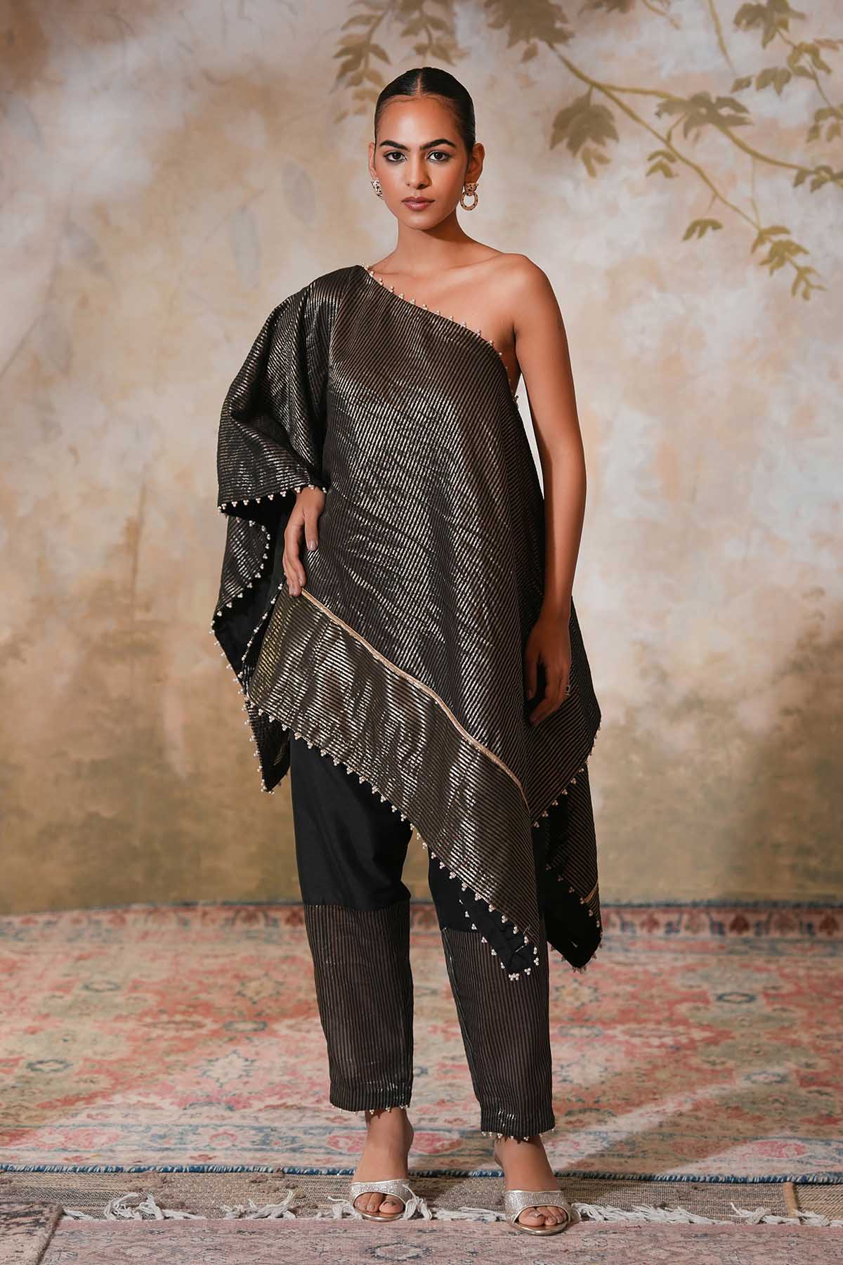 Buy Black One Shoulder Kaftan Set by Ugna by Unnati for women online at ScrollnShops