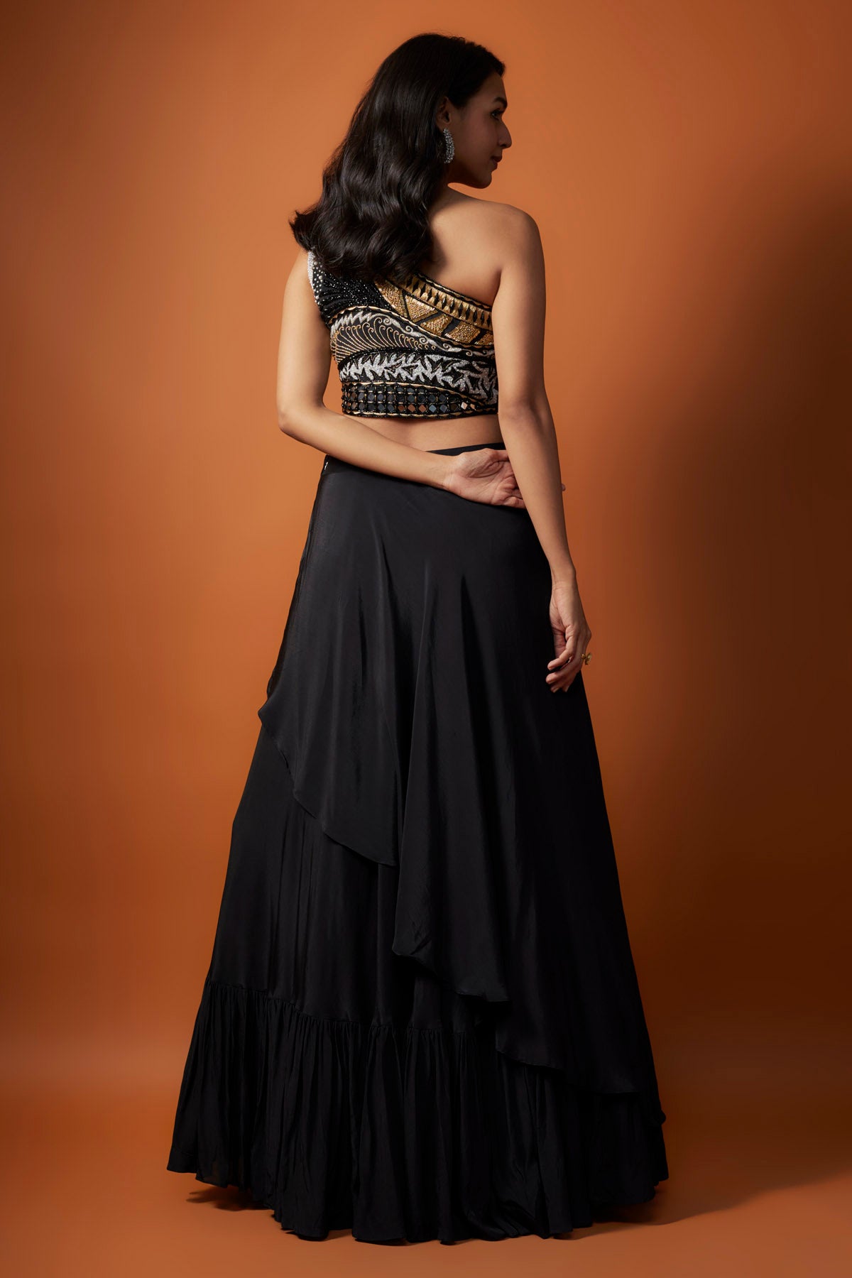 Black One Shoulder Lehenga Set