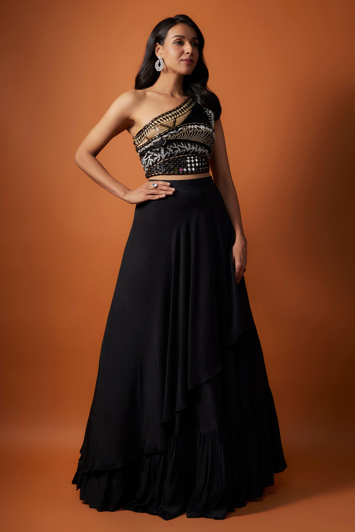 Mehak Murpana Black One Shoulder Lehenga Set for Women Online at ScrollnShops