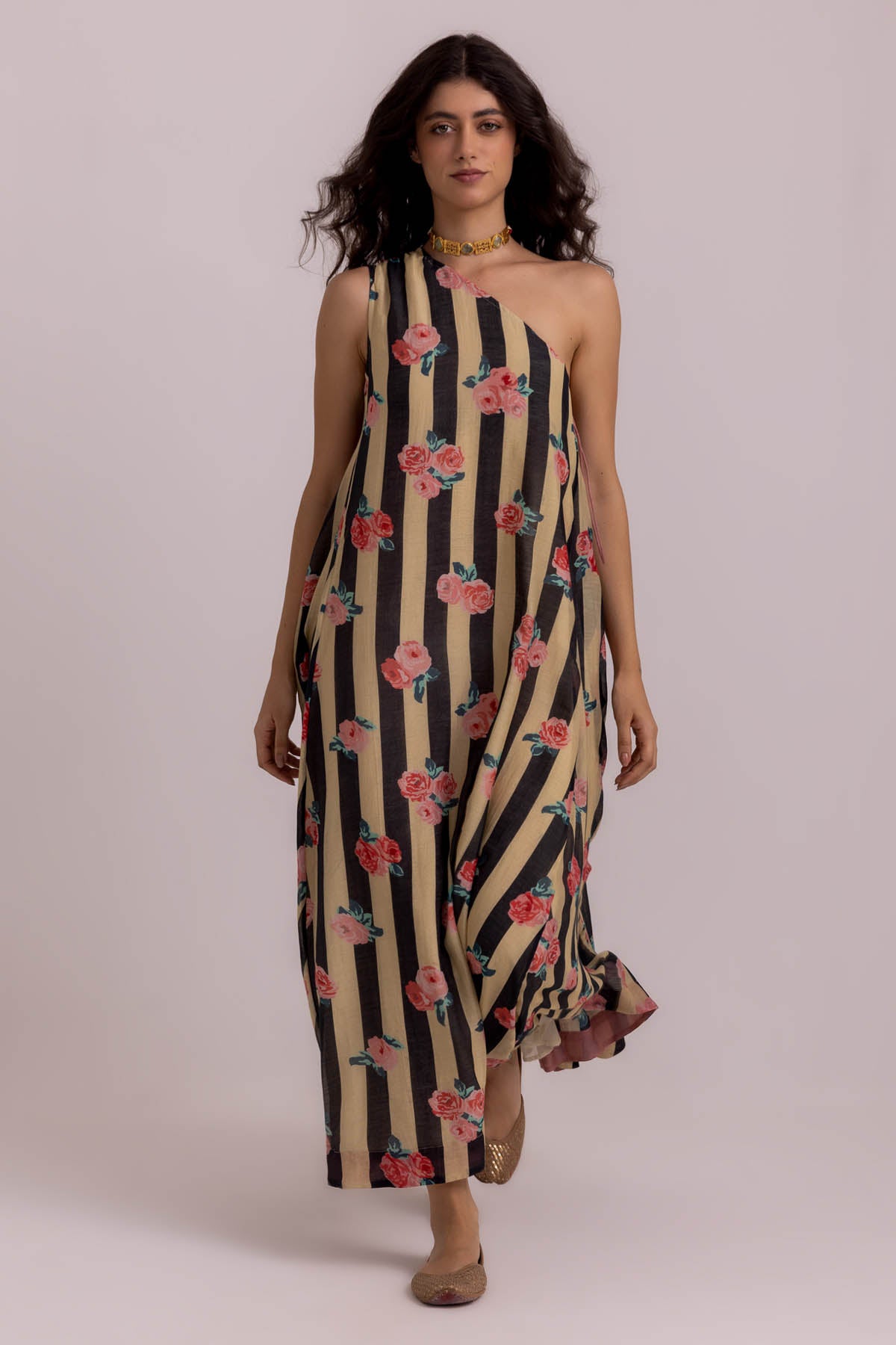 Black One Shoulder Print Dress