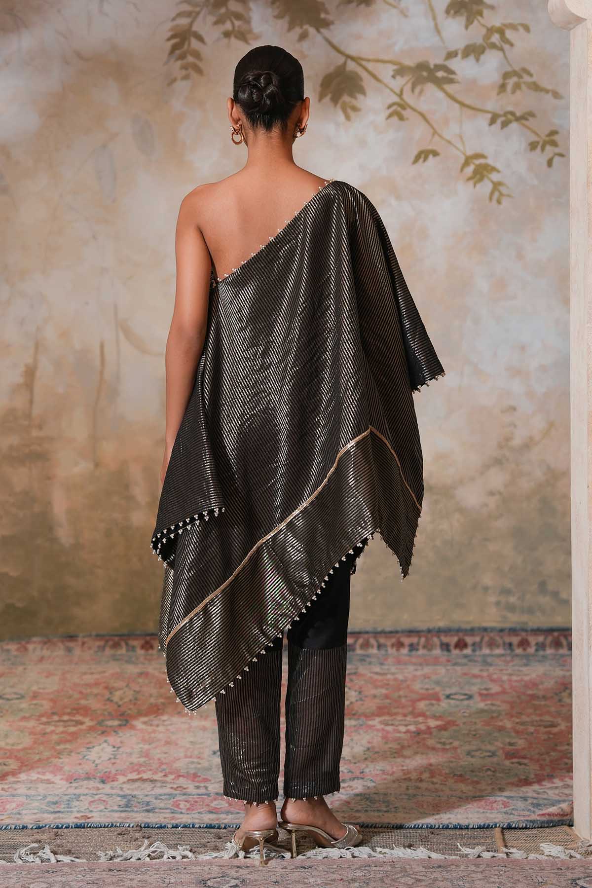Black One Shoulder Zari Kaftan