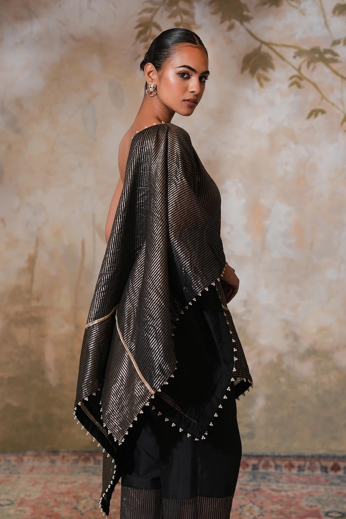 Black One Shoulder Zari Kaftan