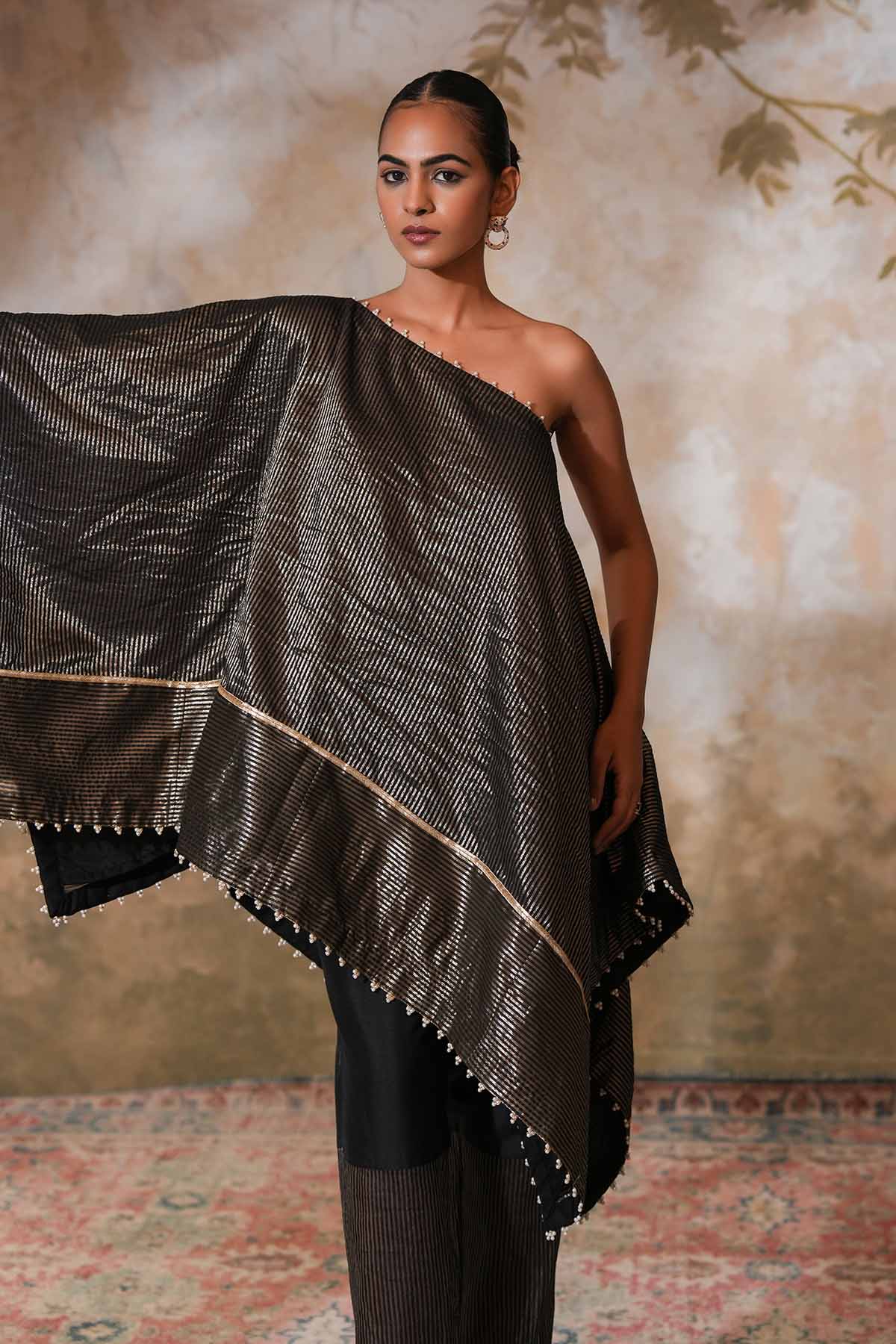Black One Shoulder Zari Kaftan