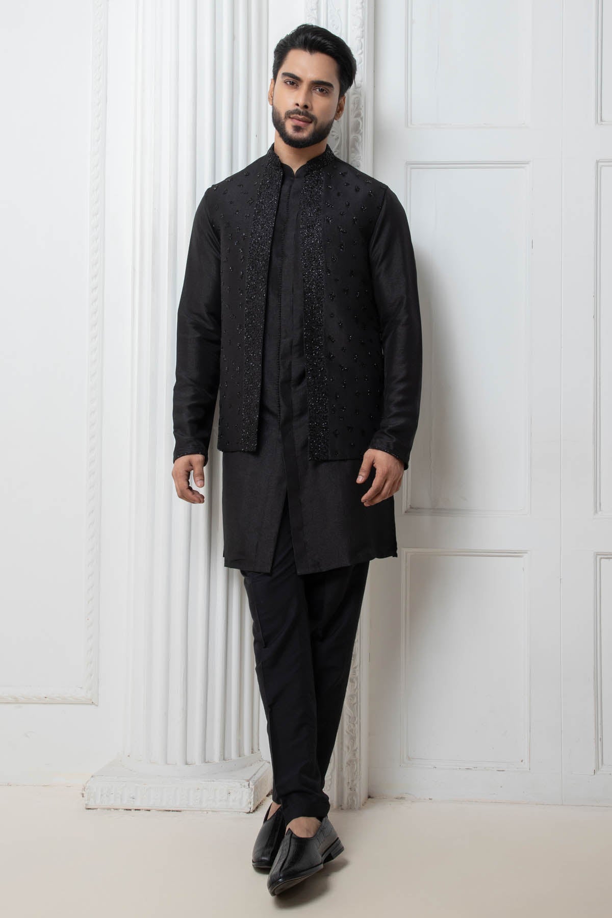 Buy Black Open Jacket & Kurta Set Online