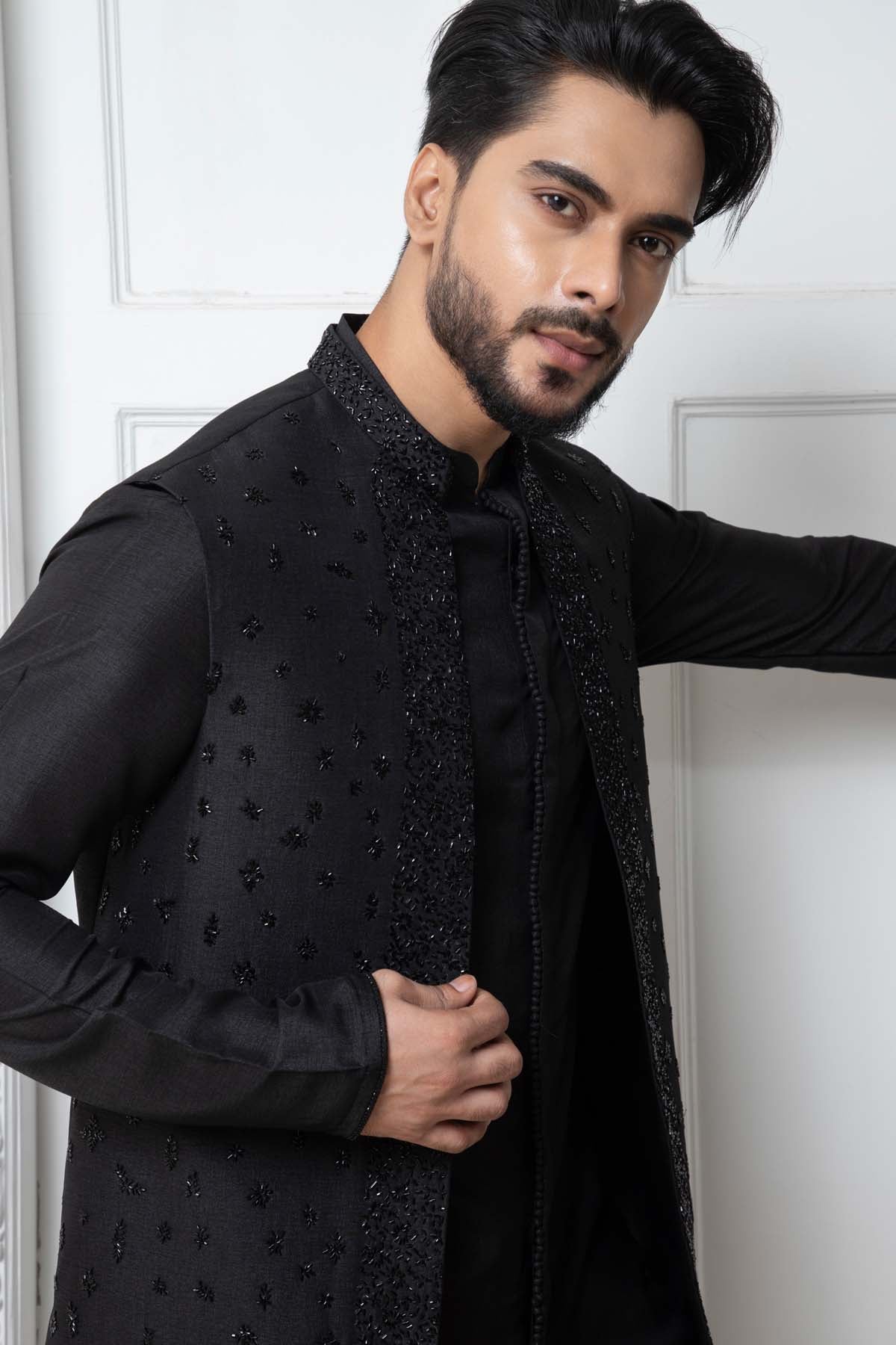 Black Open Jacket & Kurta Set