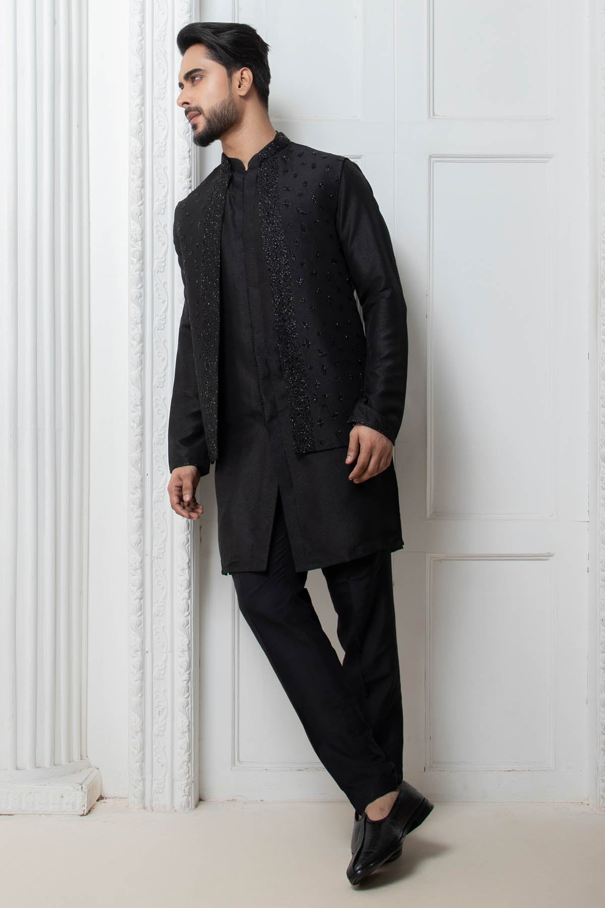Black Open Jacket & Kurta Set