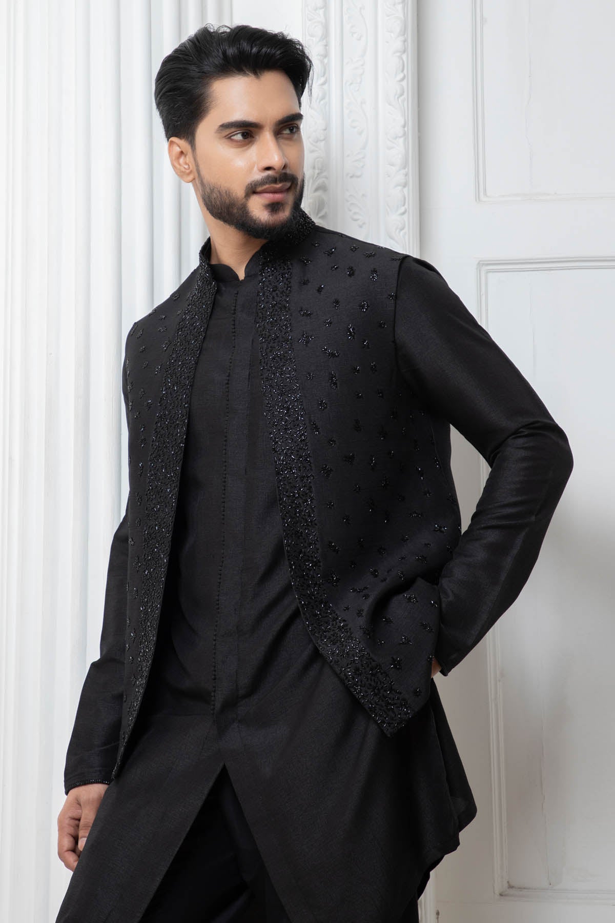 Black Open Jacket & Kurta Set