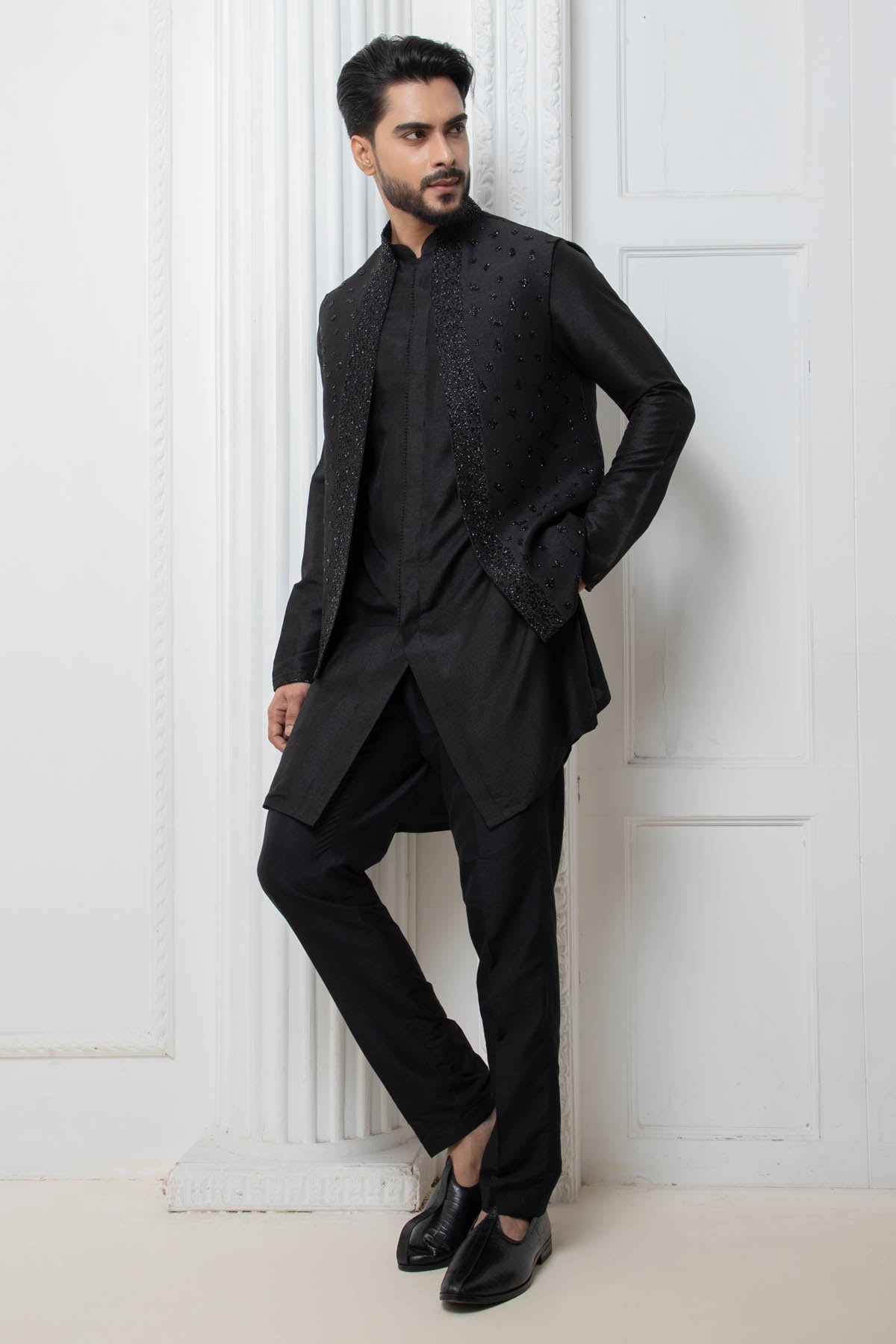 Black Open Jacket & Kurta Set
