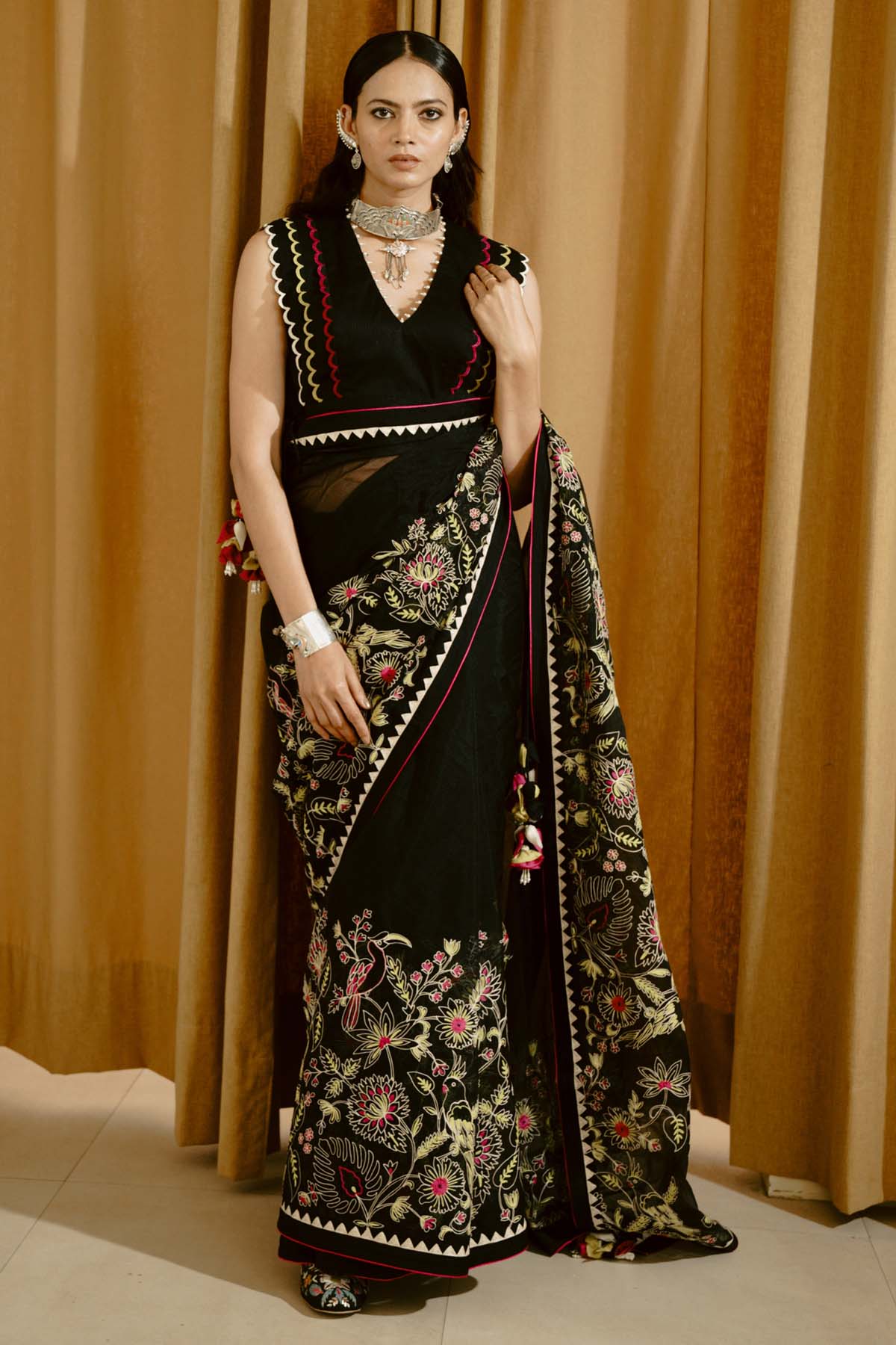 Wabi Sabi Black Organza Embroidered Saree For Women available at ScrollnShops