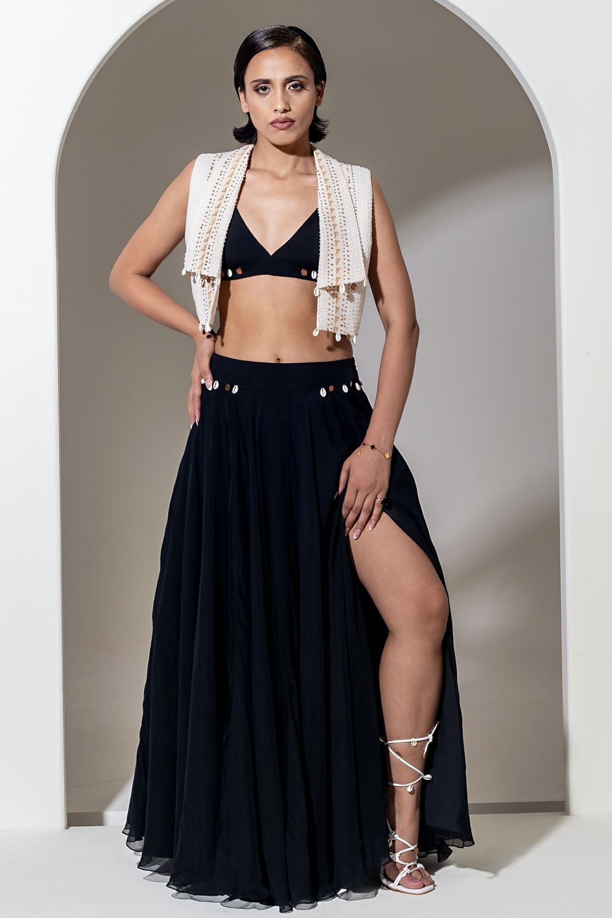 Designer Kusmi Black Organza Slit Skirt with Cowrie Shells For Women at ScrollnShops