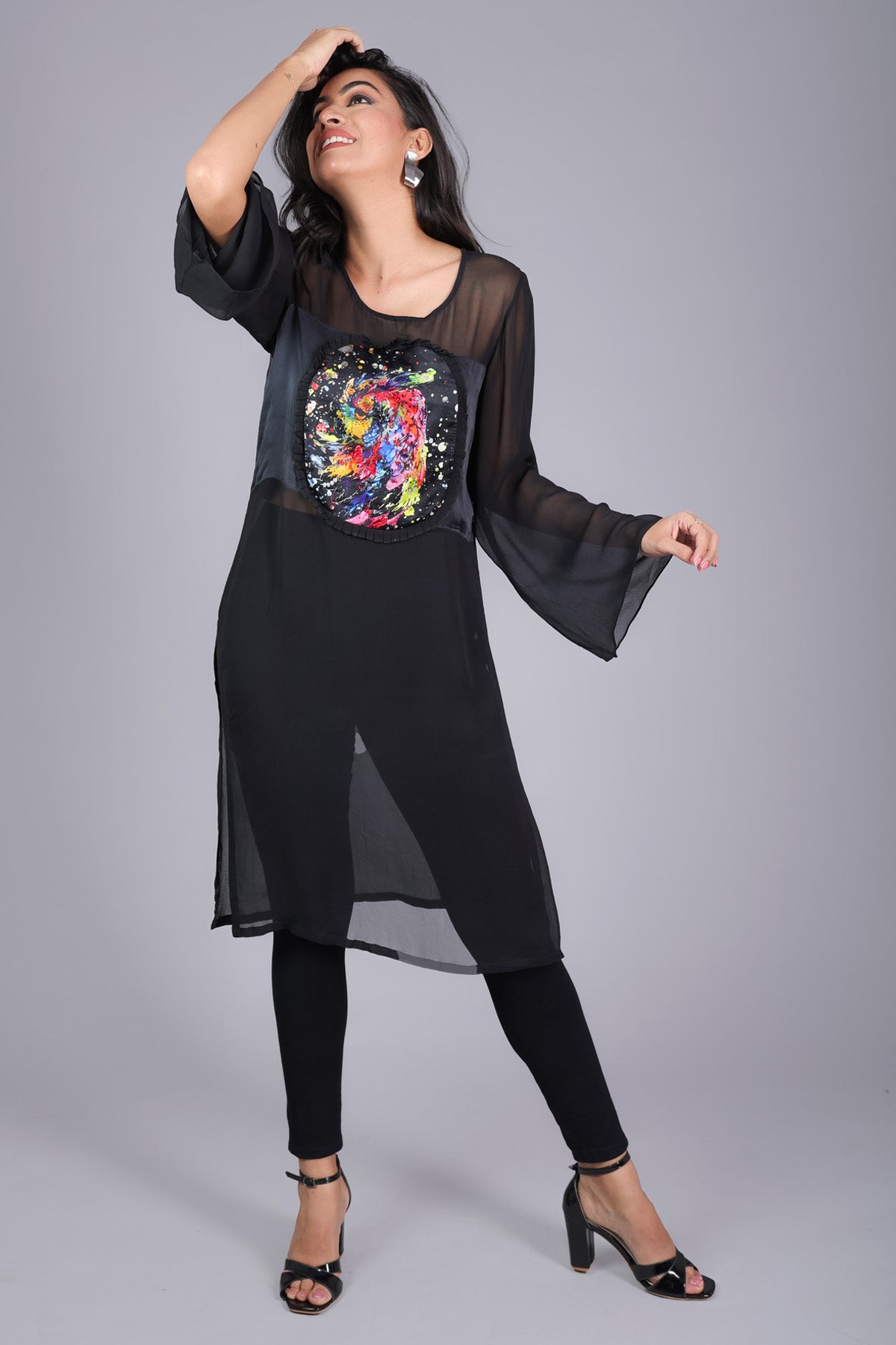 Black Owl Printed Long Kurta