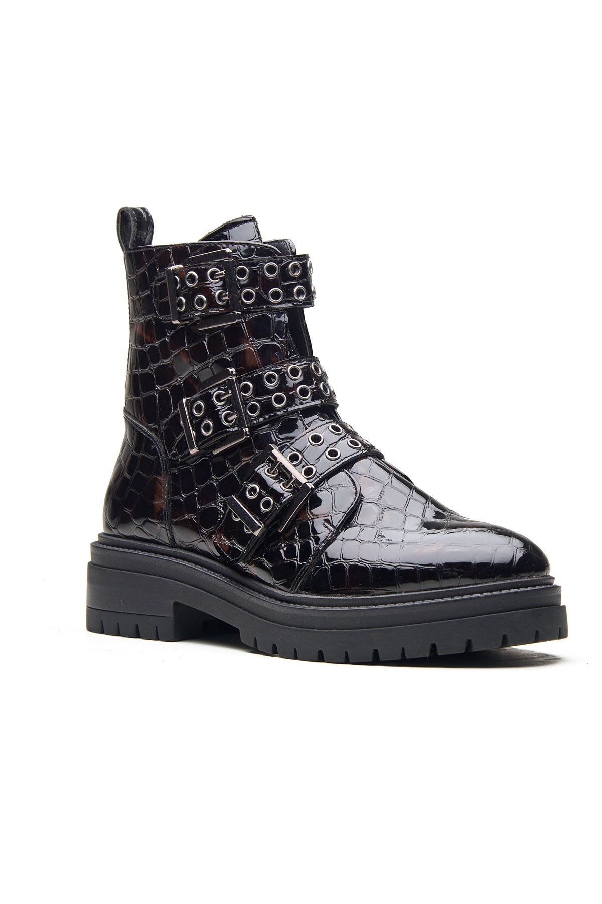 Buy Black Patent Croco Leather Boots by Dang Shoes for women online at ScrollnShops