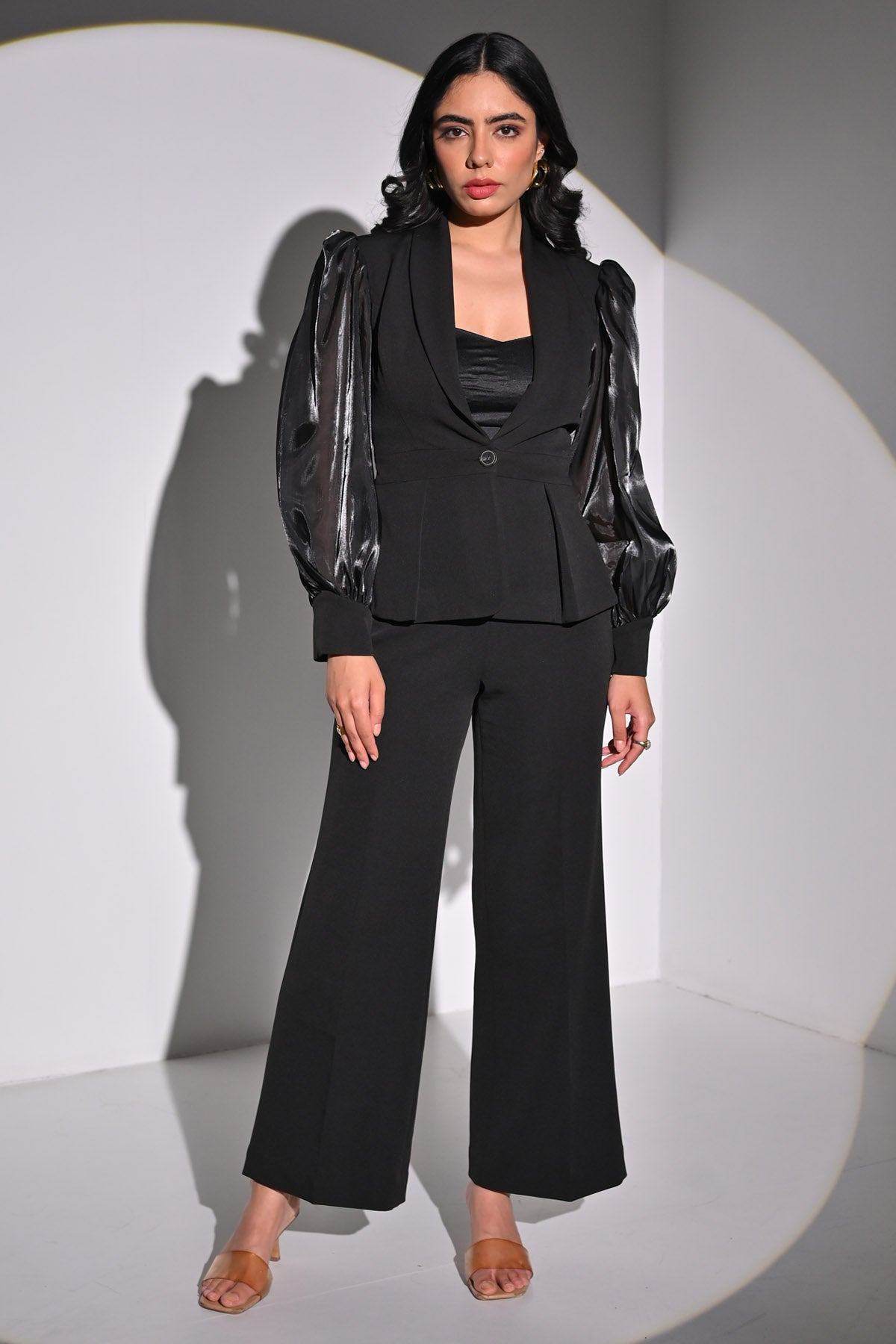 The Black Lover Black Peplum Puff Sleeve Blazer for women online at ScrollnShops