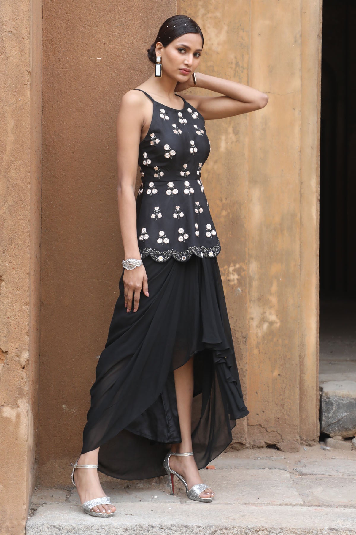 Black Peplum Top & Draped Skirt