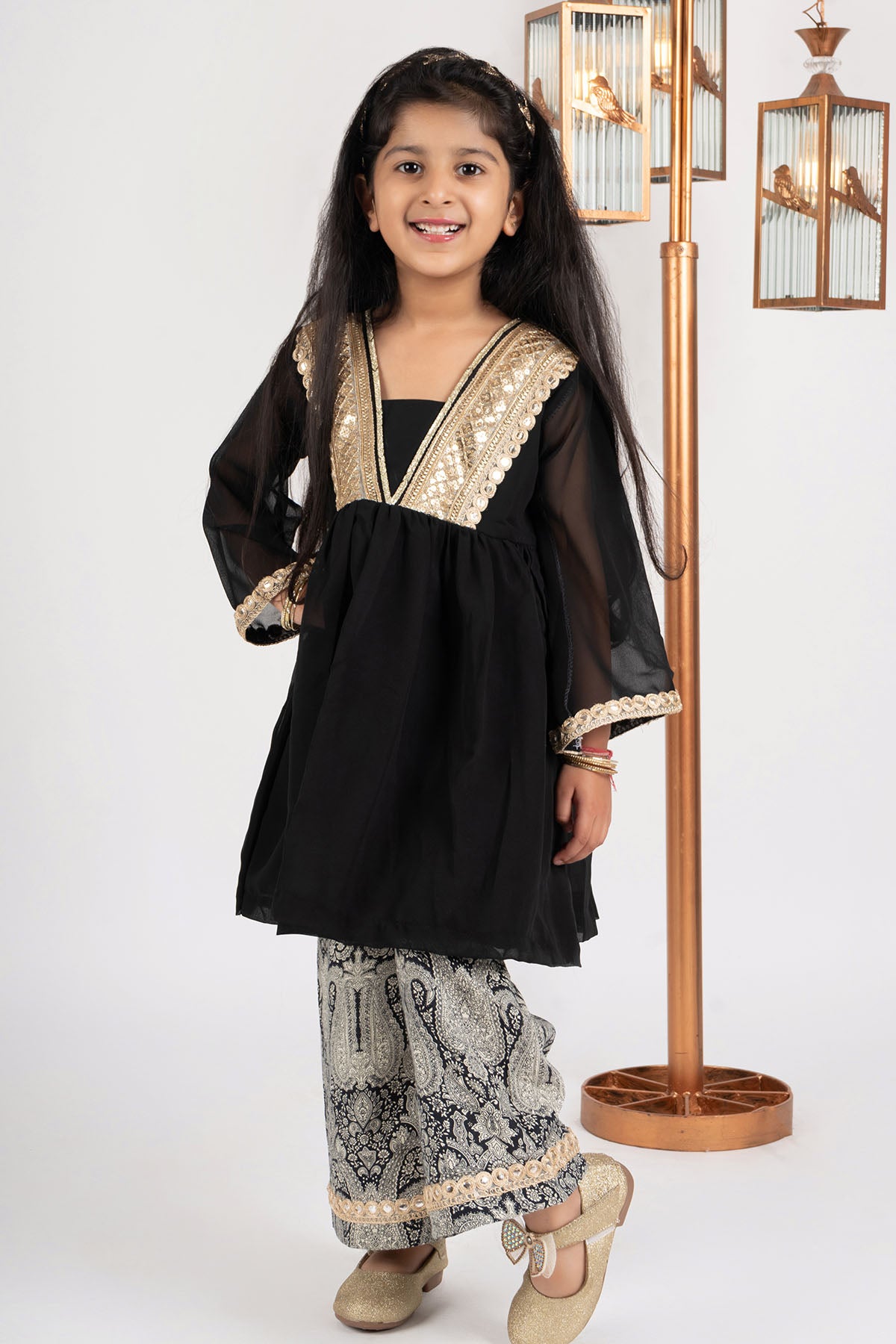 Black Peplum Top & Print Pants