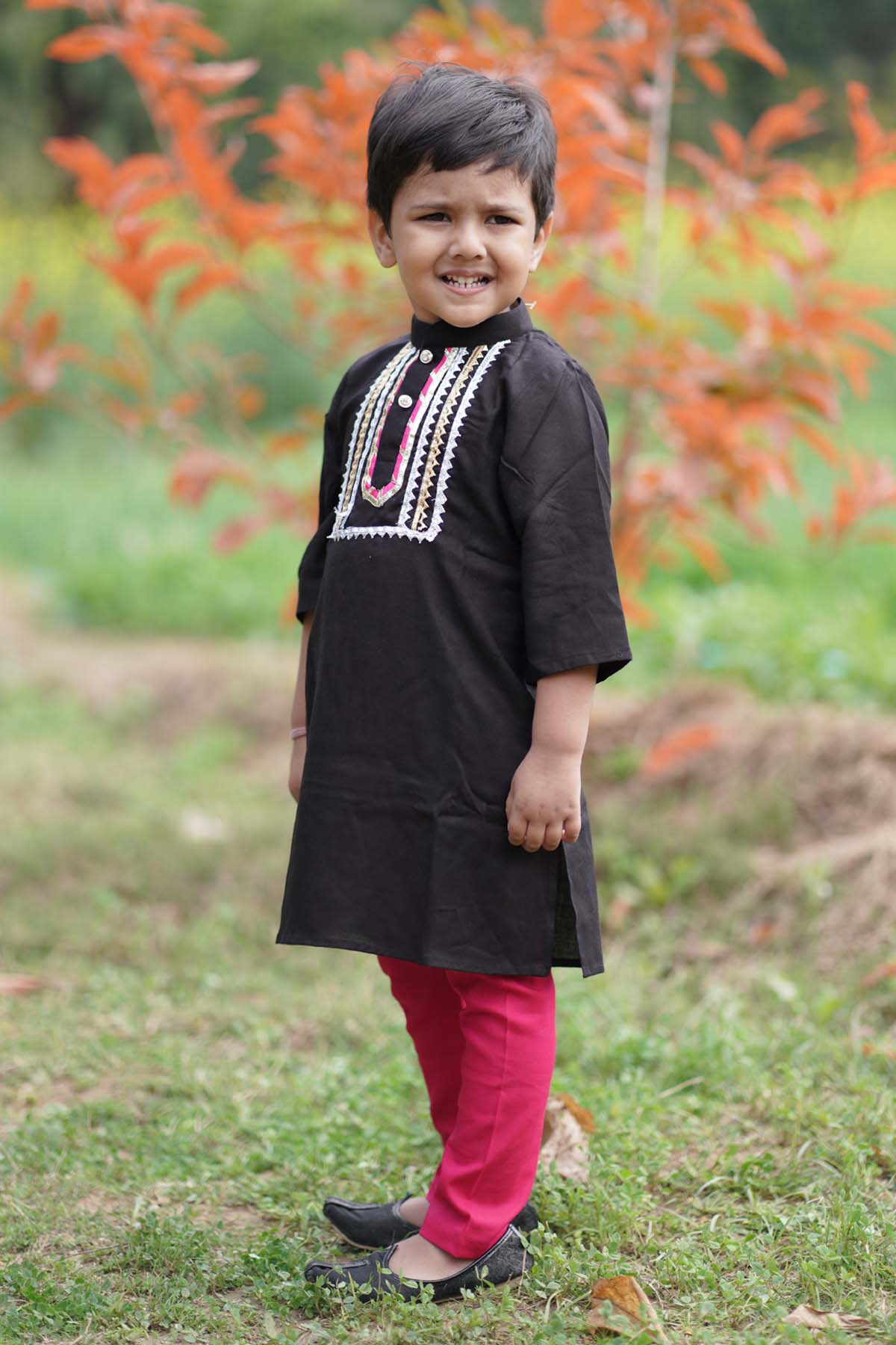 Black & Pink Cotton Kurta Set