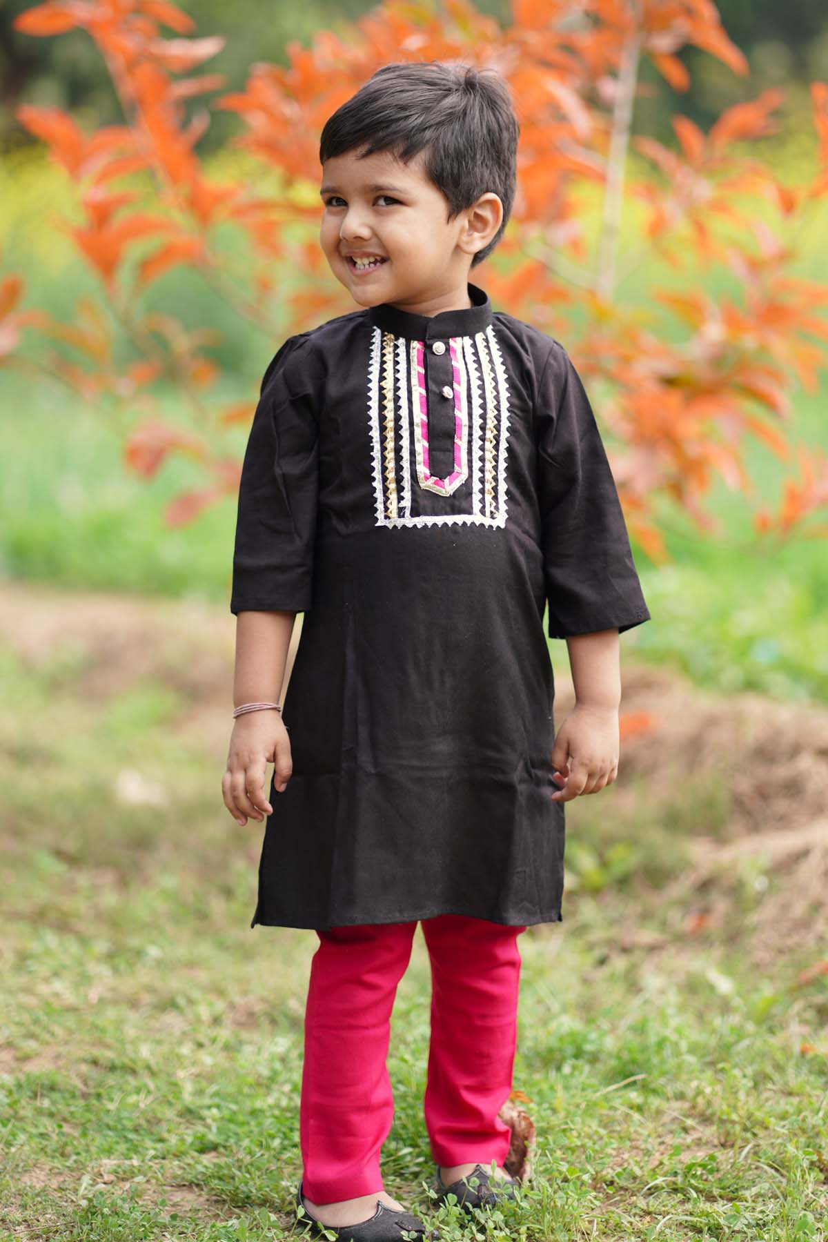 Black & Pink Cotton Kurta Set