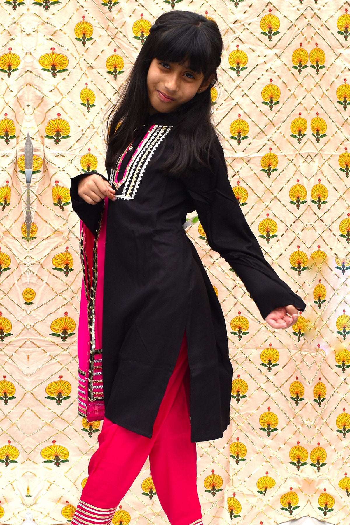 Black & Pink Button Kurta Set